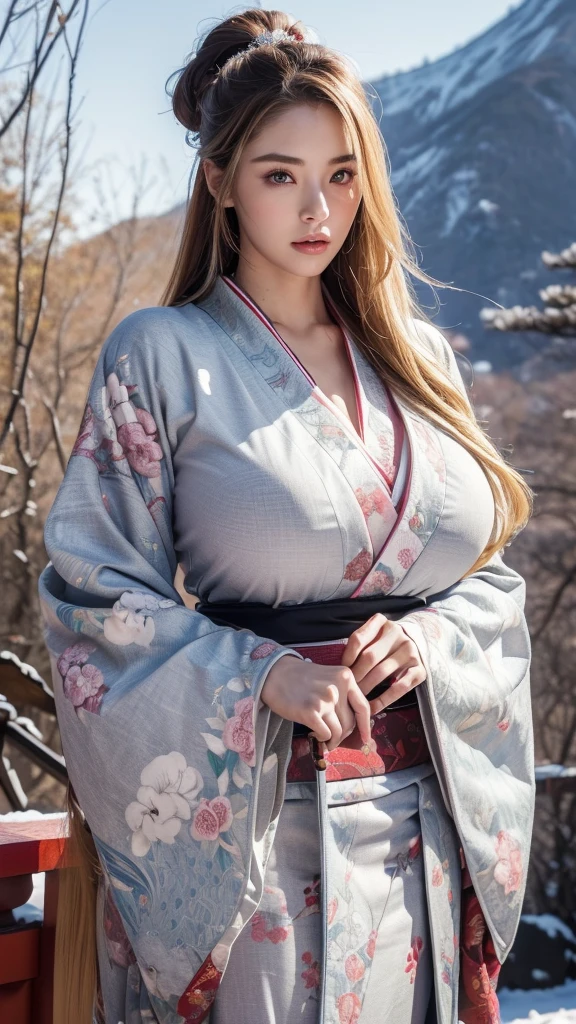 ((1 female)), ((16k)),  mature woman, ((( slim waist )))、(((beautiful swedish model))),((( Female Warrior)))、  braids 、((( plump )))、Elegant Armor, 30-year-old woman,((( Japanese Kimono)))、(((Long-sleeved kimono)))、 colorful kimono、 red and white kimono 、((( long hair on background)))、(((Blonde)))、 blondes、(( RAW photos )), ((masterpiece)),  upper body，(((Big Breasts)))、 ((( super huge boobs))), (( tight waist ))、(((Woman holding a sword)))、((Japanese Swordsman))、 let go of her lips， makes lips look more attractive and gorgeous， complex details, A complex Greebles piece, masterpiece， BEST QUALITY AT ITS BEST， high definition ，8k，((Portraiture))，( upper body)， original photos， actual photo ， Digital Photo , Fine eyes and lips、(Beautiful big pointy breasts, )((masterpiece)),  high definition , ( skin texture:1.1),  top quality, 超 high definition , ( realistic : 1.4),  RAW photos ,(( perfect face))、(((Intricately patterned armor)))， Rendering Reflection Texture,  sexy style, ((Outdoor))、 (((Winter Background:1.2))),((background snowy landscape ))、(((background Japanese New Year)))、 Bold Poses、 (Ancient fantasy soldiers),(Ancient soldier armor), combat accessories ,(( eyeshadow))、 detailed hands 、Woman facing forward