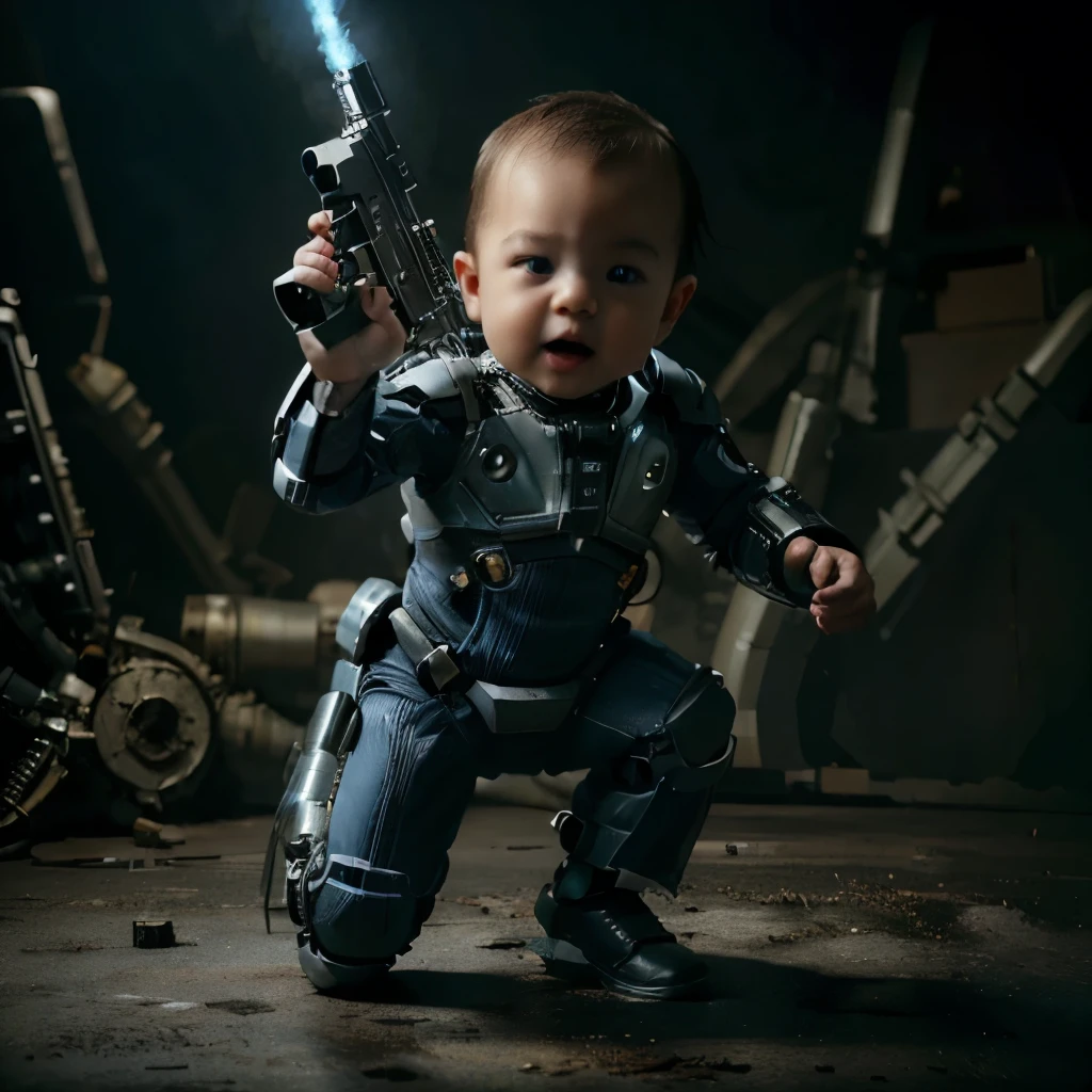 Image a year-old babyboy, detailed, realistic, best quality, technology suit, futuristic gun, full body, dynamic pose, no background