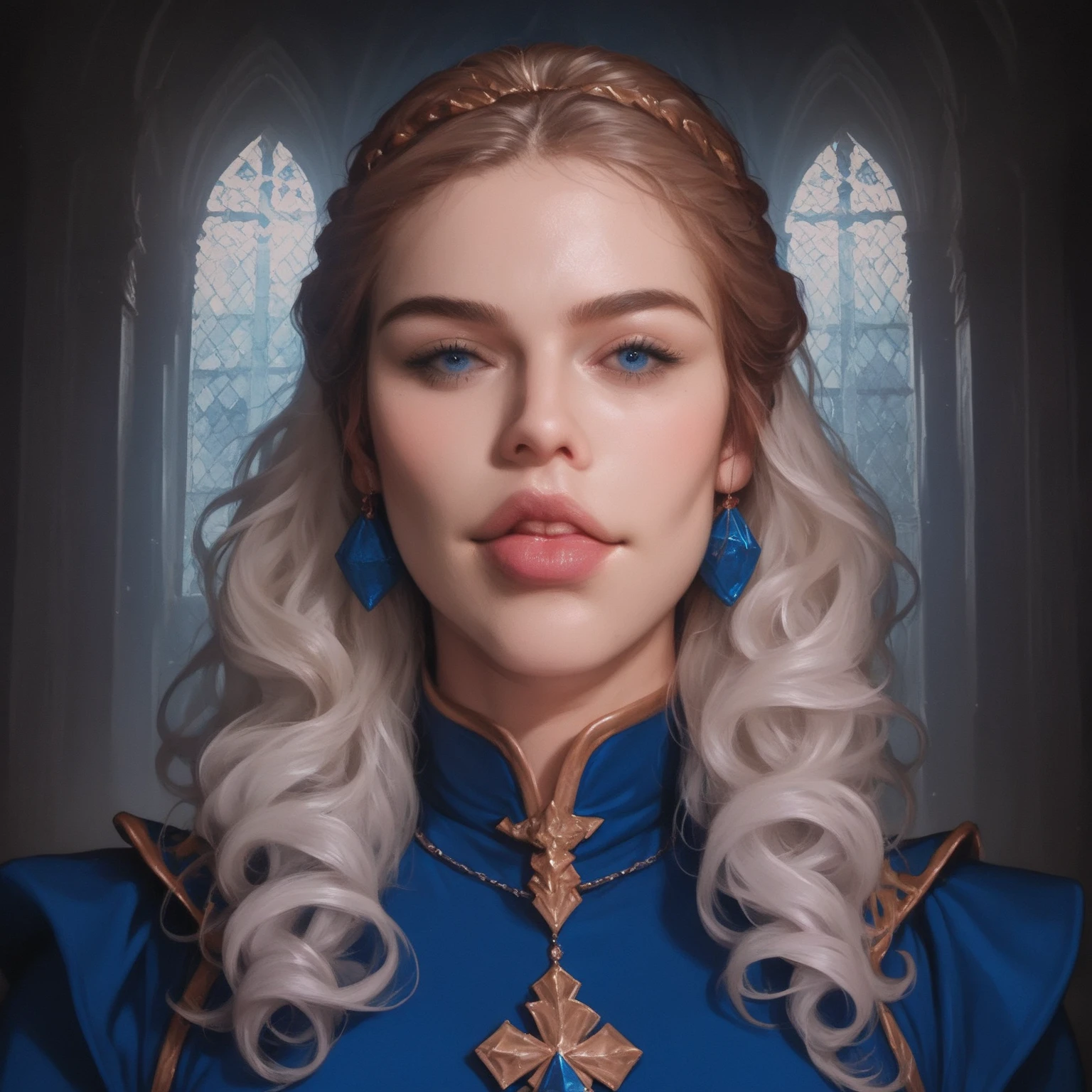 Portrait of a human male cleric, front view, (medium shot:1.3), one person standing, tall and athletic build, long dark blond hair and beard
BREAK
dark blue eyes
BREAK
light tan skin
BREAK
wearing fantasy world costume of white and blue vestments, realistic background of a fantasy world, (Dungeons_and_Dragons:1.2), (Game_of_Thrones), castle stone ruin, far torch lit on background, realistic, (photorealistic:1.3), light reflection