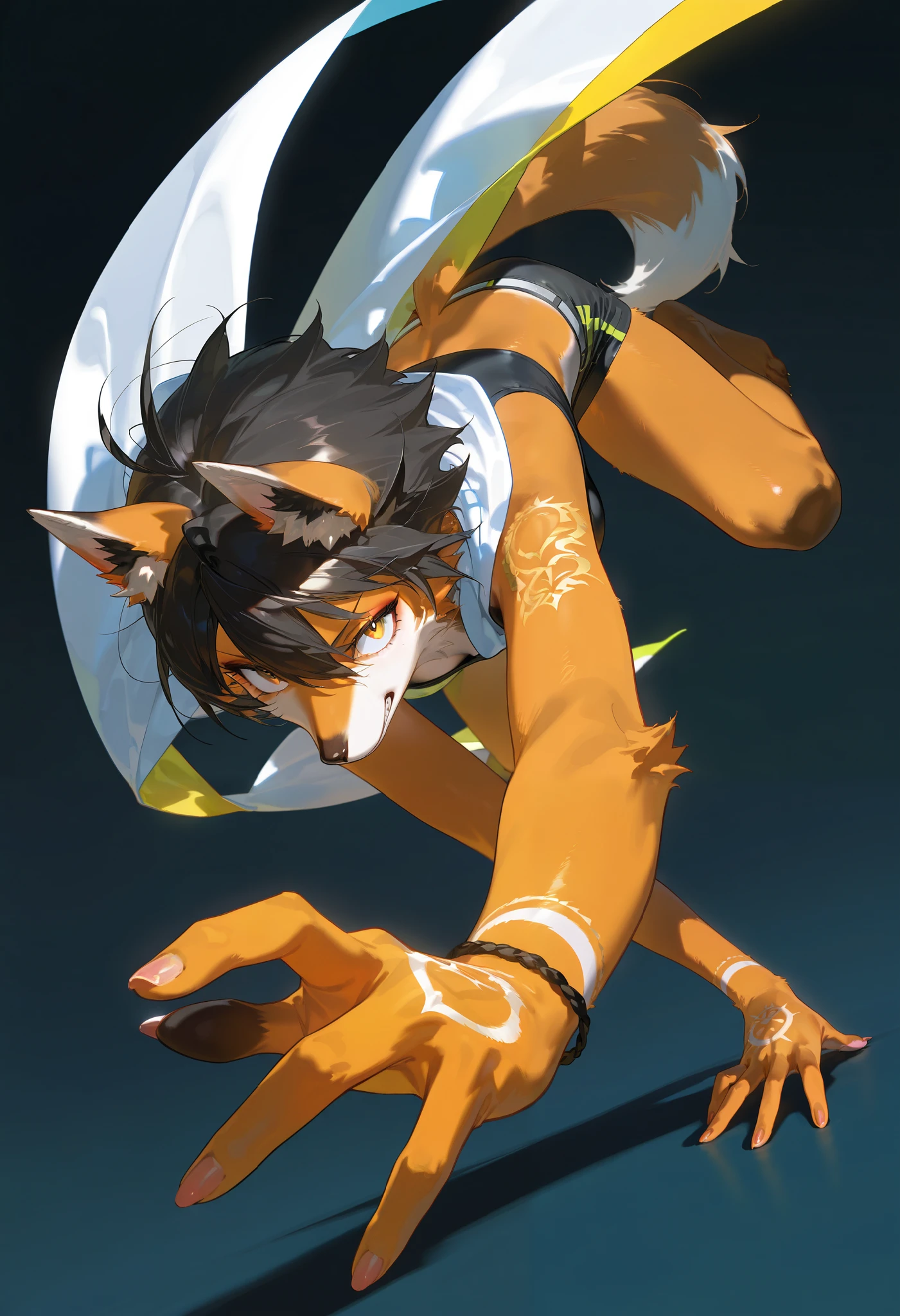 (masterpiece), best quality, newest, highres, absurdres, ultra detail, extremely detailed, official art, rich colors, sharp contrast, detailed shading,1 fox tomgirl, tomboy,fox furry, furry,, perfect anatomy, good hands, solo,,black hair expressive pose, simple background, full body , closeup, dynamic view, dynamic action,from behind