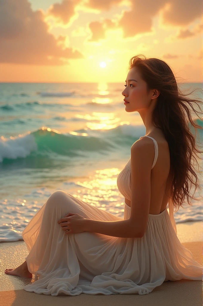 nude woman sitting on the beach with her legs crossed, japanese goddess, giant stunning goddess shot, at beach at sunset, at the beach, on the beach, on a beach, in the beach, on a sunny beach, at a beach, on the beach at sunset, standing near the beach, with large breasts, angela white, beach pic, beautiful asian girl