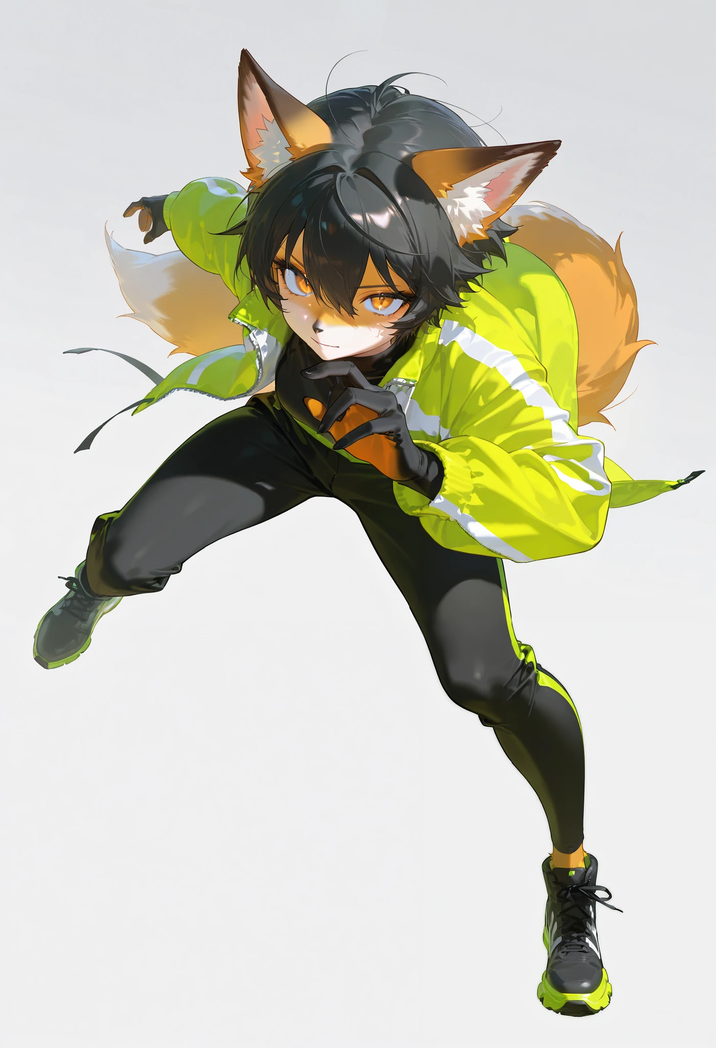 (masterpiece), best quality, newest, highres, absurdres, ultra detail, extremely detailed, official art, rich colors, sharp contrast, detailed shading,1 fox tomgirl, tomboy,fox furry, furry,, perfect anatomy, good hands, solo,,black hair expressive pose, simple background, full body , closeup, dynamic view, dynamic action,from behind