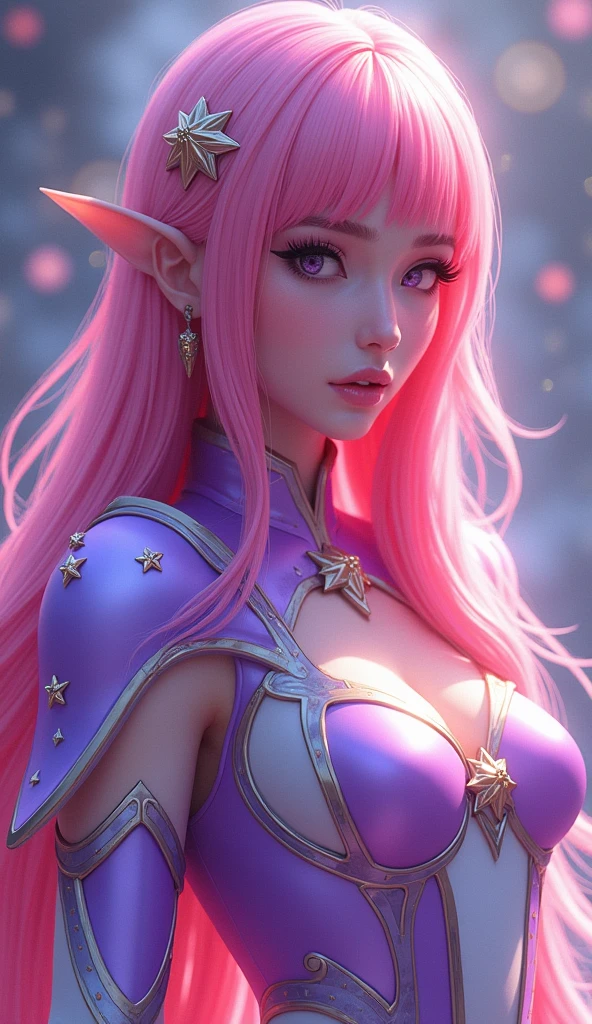 1girl, bare shoulders, (((( ((perl color)) evening dress)))), ((( ((pink)) hair))), (((emerald color eyes))), cleavage, earrings, elf, flat,((((small chest)))), ((((flat chest)))), ((big ass)), ((((small breasts)))), ((((flat breasts)))), lips, lipstick, (((long curly hair))), looking at viewer, makeup, medium breasts, navel, pointy ears, red lips, solo, upper body, ((visible pussy))
