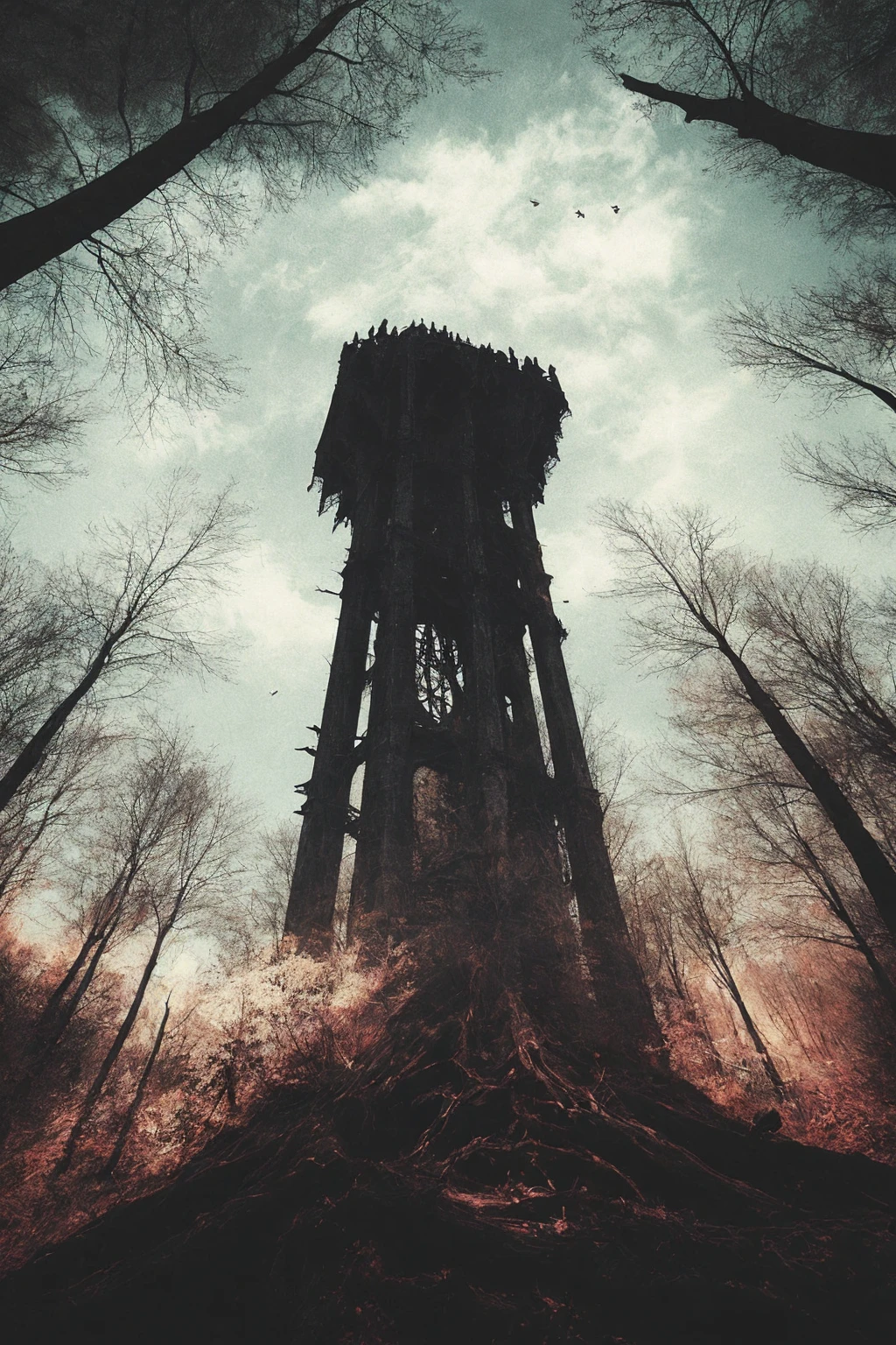 (best quality, masterpiece, photorealistic, elaborate details:1.2), a looming dark gothic tower in the center of a dead forest, gothic, western fantasy