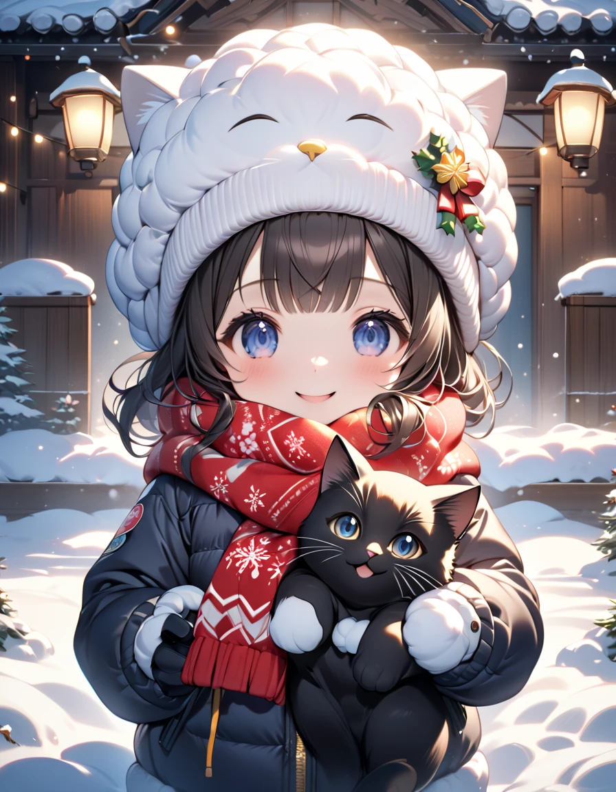 (masterpiece), (ultra-detailed, best quality, clear focus, dramatic scene, cinematic), shadow, (ultra-high resolution, 8k), perfect anatomy, perfect face, (detailed face), (detailed eye), (chibi), cute Japanese chibi girl, famous Japanese chibi idol, very beautiful and cute and cool face, (wearing an sporty winter clothing with scarf and gloves:1.2), knit cap, (large breasts), (She is enjoying making an extremely huge snowball house with her cat:1.3), in front of the gorgeous gate of her Japanese home, snow covered, deep snow, stormy, she is showing smile, dynamic angle, (a very cute giant black cat is mewing with her), professional lighting, (detailed very cute fluffy giant black cat:1.3), they looks so happy, happy smile, (gorgeously decorated Christmas tree with shining Christmas lights),