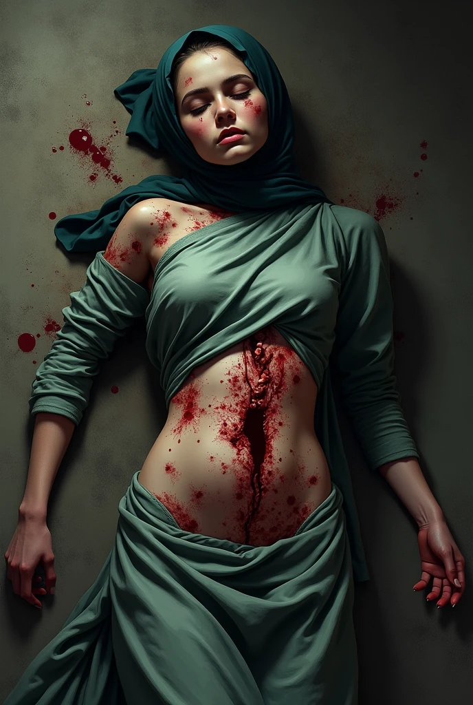 Perfect eyes and face, normal limbs, A female victim of kidnapping, rape, abuse, accident victim, body covered in bloody wounds, slashed body, a sex slave, bleeding vagina, body tied up, in a dark room, crying in fear, wearing a hijab, at night, nude, naked, full body, slim body
