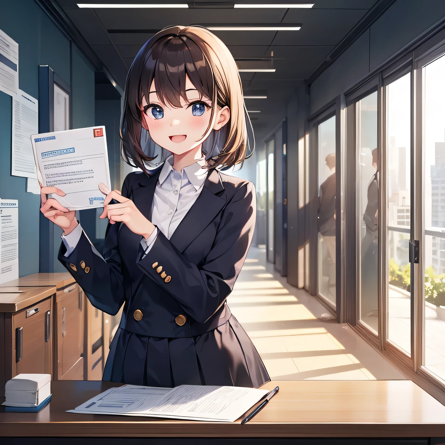 Best Picture, Best Quality, 1080p, 8K, Masterpiece, First Class, 1080p, 8K, Masterpiece, First Class, (perfect facial features), Female, 20 years old, head-on, depicts professional people working in an office environment. One holding pen, strong pose, small chest, one with right arm raised, palm up, shoulder height, girl in modern navy blue suit, navy blue skirt, (employee ID card in clear horizontal plastic case with red string around neck), brown hair, modern desk with recruitment posters and calendar, city in background skyline, soft natural light illuminating the room, high resolution, smiling and serious expressions that convey a desire to recruit and career development, and a big smile with a wide open mouth,