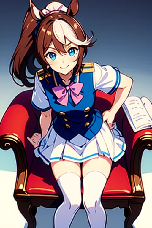 Tokai Teio,smile,high ponytail,streaked hair,fake animal tails,girl,best quality,tracen school uniform, sailor collar, bowtie, purple shirt, sailor shirt, short sleeves, white skirt, white thighhighs,white kneehighs,Narrowed sleeves, long chair,sitting,blue line on the edge of the white skirt,