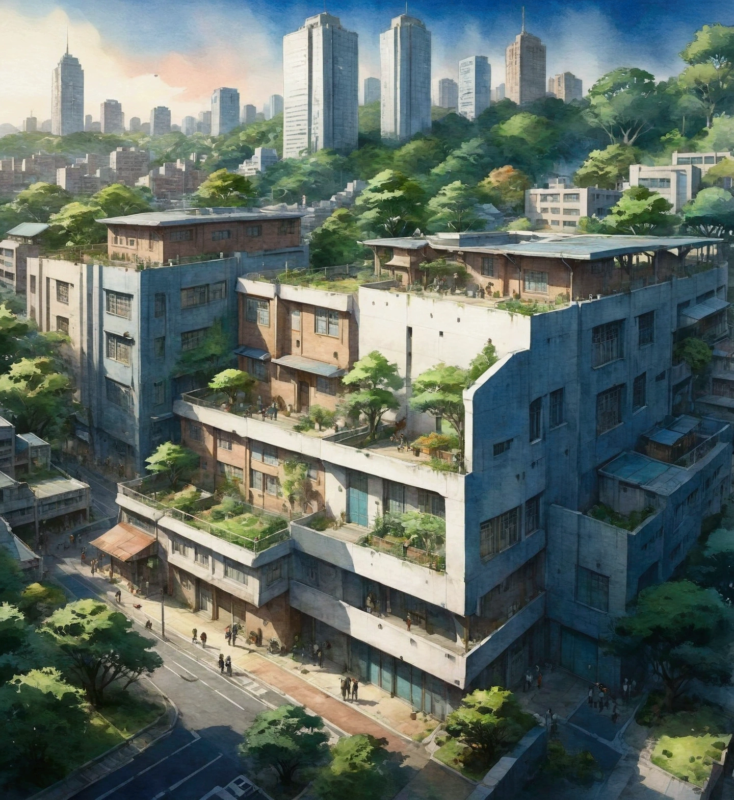 anime city with a lot of buildings and trees on the top, by Jang Seung-eop, by Ni Yuanlu, anime scenery concept art, realistic painting of a complex, by jeonseok lee, hq very detailed, detailed 4k concept art, artstation hq”, japanese high school, tokyo anime scene, concept art highly detailed, urban concept art, watercolor, illustration,