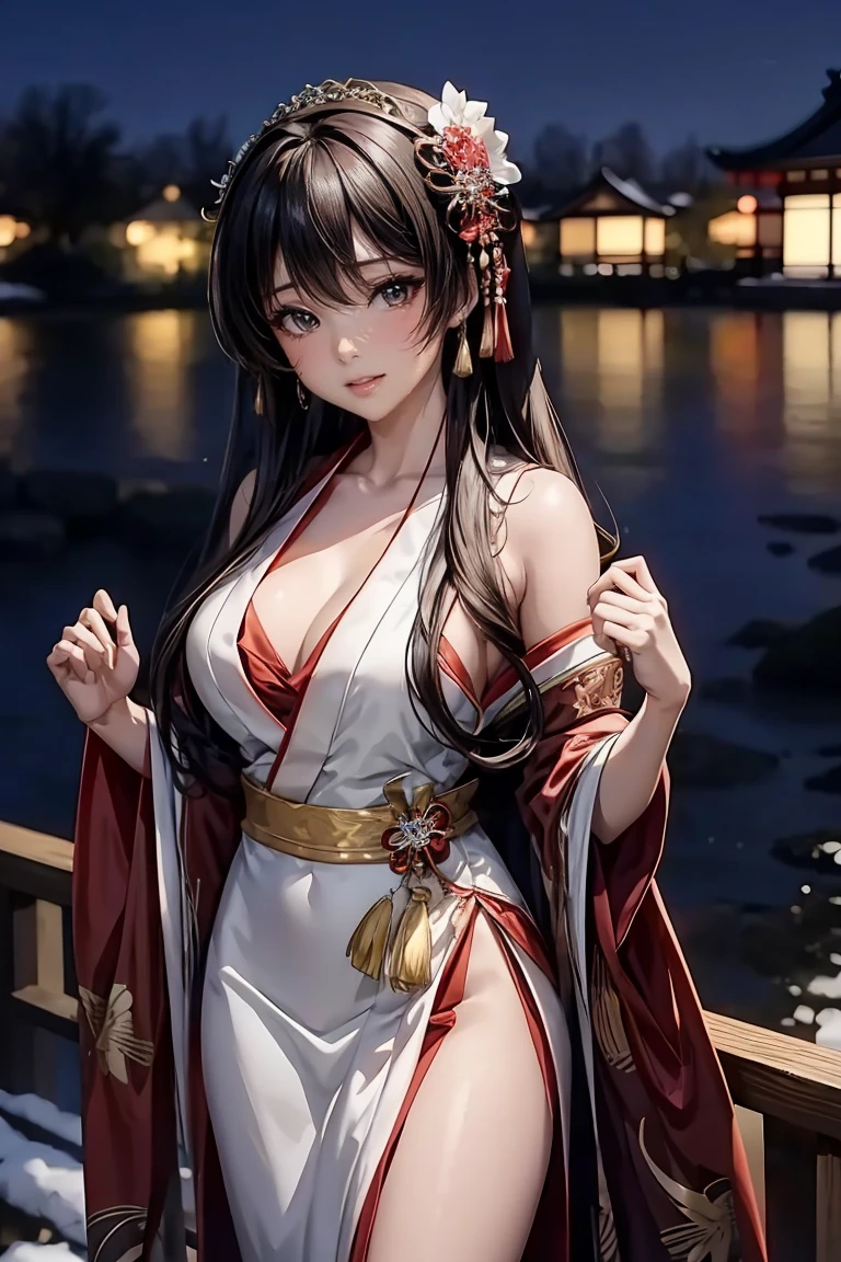 a close up of a woman in a dress posing for a picture, japanese goddess, anime girl cosplay, seductive anime girl, elegant glamourous cosplay, sophisticated gravure idol, anime goddess, enjoyable, sexy dress, opened dress, full dress, full covered dress, open v chest clothes, pleasing, japanese, intriguing outfit, japanese model, bokeh background, winter