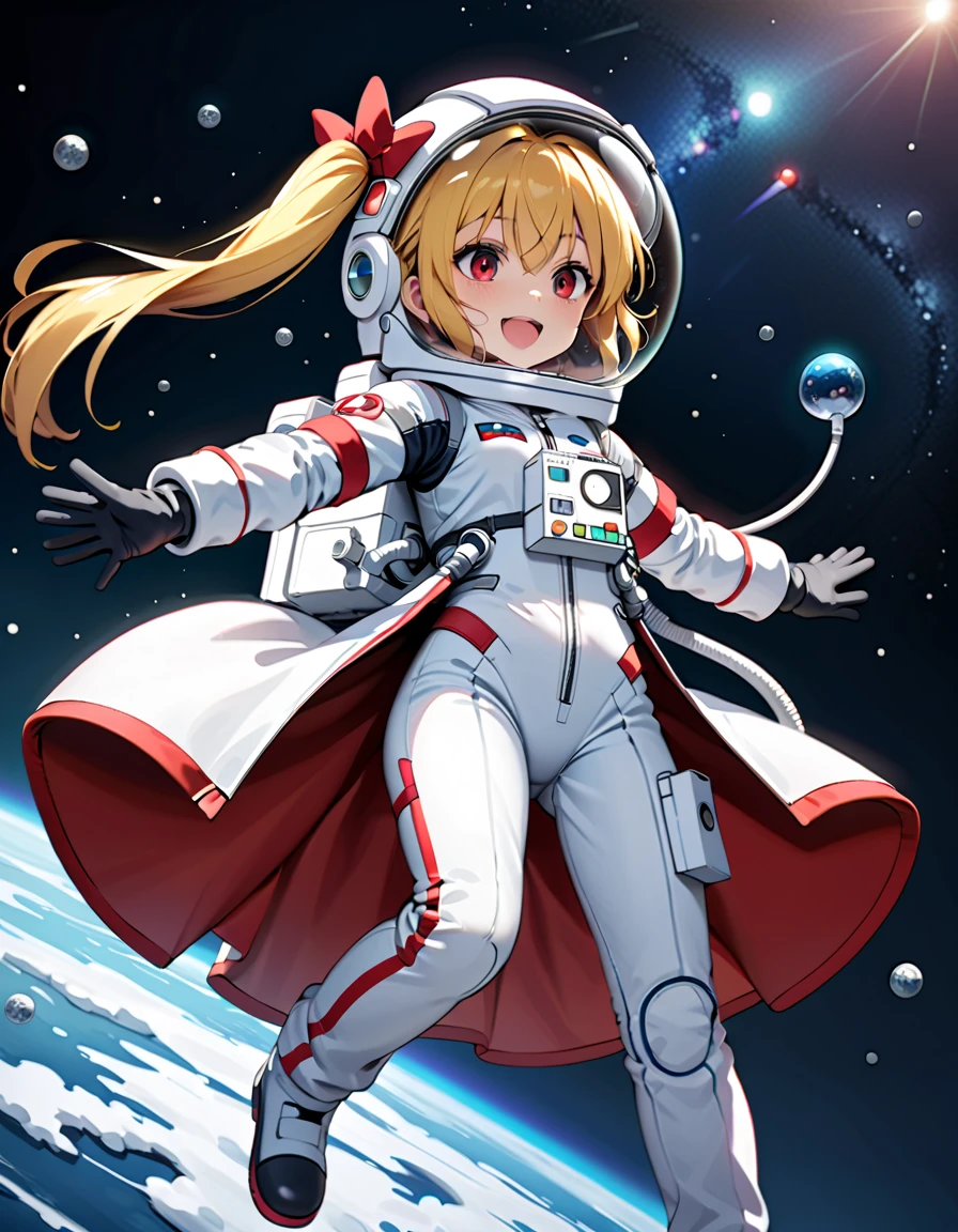 (Space suit:1.15), White sweatpants , astronaut)bubble helmet, space helmet, Gloves ,looking closely at you , Outer Space, floating, masterpiece, top quality, 1girl, beautiful,solo ,flanN, flandre scarlet, loli, petite, slim, child,young,younger female, (blonde hair:1.2), side ponytail, red eyes, hair bow, red bow, hair between eyes, slit pupils, white headwear,difficulty breathing, Smile, wave, fullbody