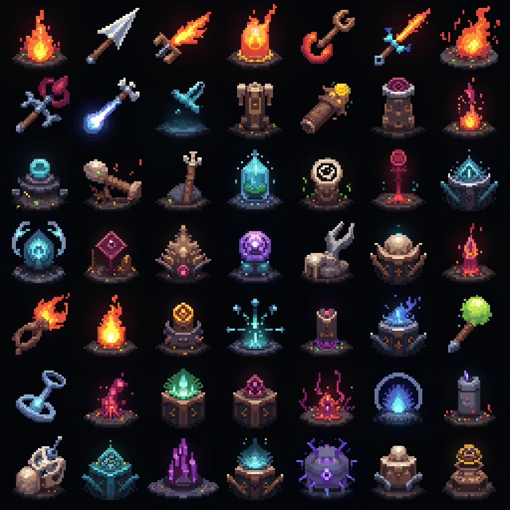 Create large list of 100, hundred icons to represent various fantasy themes. pixel art, black background, vibrant colors