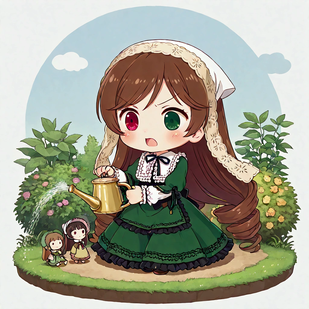 1girl\(suiseiseki\(rosenmeiden\),doll,small,chibi, bonnet, head scarf, heterochromia, green dress, neck ribbon, twin drills,brown hair, red eye,green eye, long sleeves, green dress, very long hair, frills, black ribbon, white headwear, bangs, shoes,holding watering can,cute,full body,angry face\).beautiful plants, green leaves, garden, screen cap