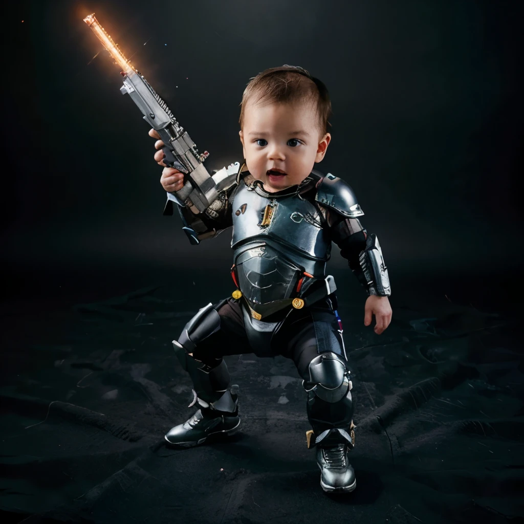 Image a year-old babyboy, detailed, realistic, best quality, technology colorful armor, futuristic gun, full body, dynamic pose, no background