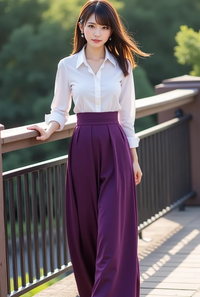  1 beautiful woman,   high heels、Chin-length brown hair 、26 years old、White shirt、 purple long skirt、Height: 155cm、Bust 104cm、Waist 58cm、Hips 88cm  、Shiny whitening 、 announcer、 is wearing high heels、round face、 Big Breasts、くびれている