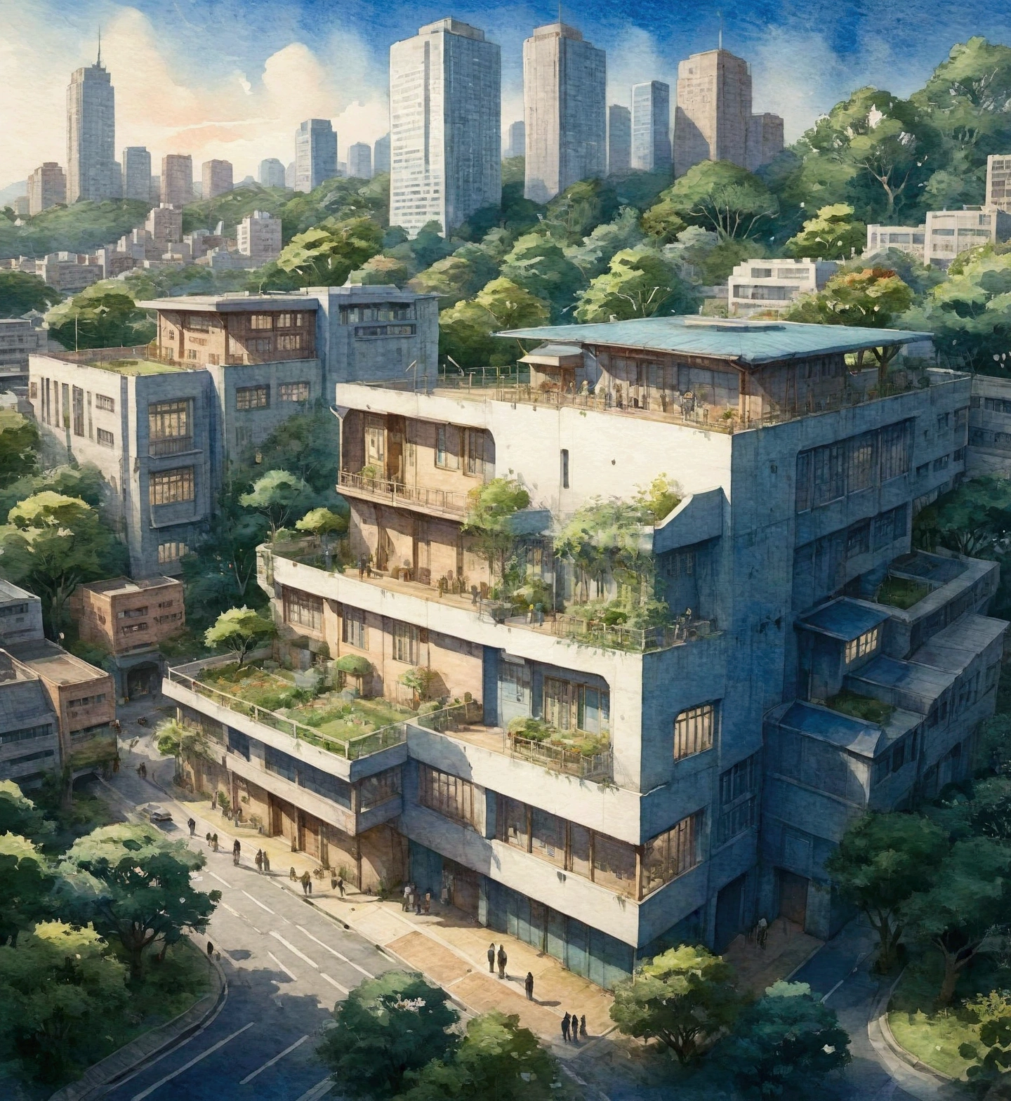 anime city with a lot of buildings and trees on the top, by Jang Seung-eop, by Ni Yuanlu, anime scenery concept art, realistic painting of a complex, by jeonseok lee, hq very detailed, detailed 4k concept art, artstation hq”, japanese high school, tokyo anime scene, concept art highly detailed, urban concept art, watercolor, illustration,