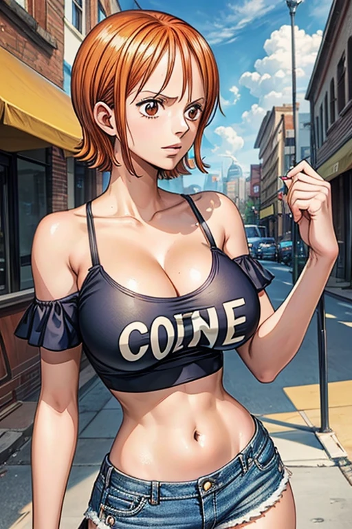 One piece nami,light brown short hair,(best quality), (masterpiece), 1 girl, early 20's, huge heavy breasts, busty, massive breasts, thick, thick lips, wide hips, thin waist,off-shoulder tube top, jean shorts, underboob, in the city,navel