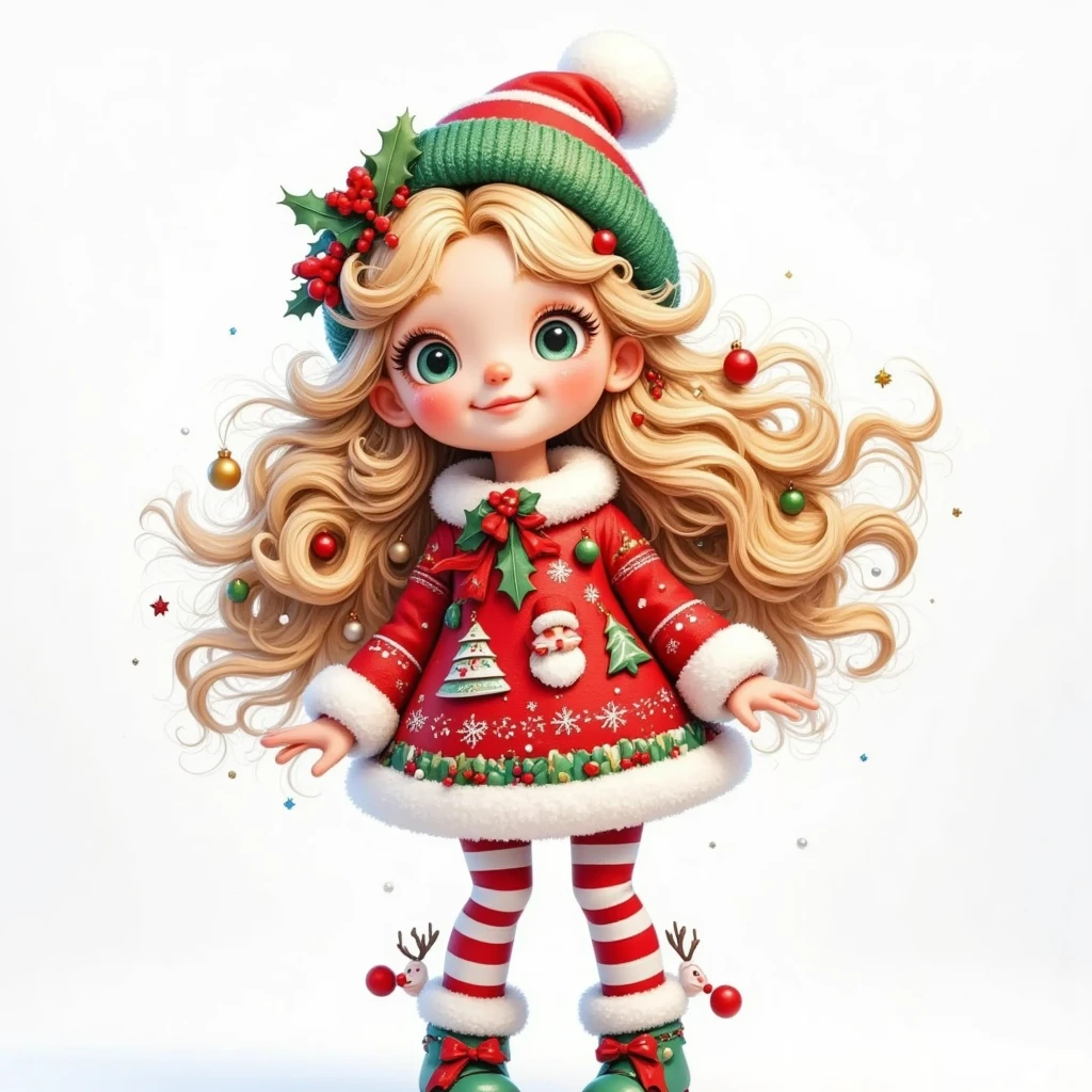  model figure。3D dolls。3D Rendering。Cute cartoon girl standing on the table。 big green eyes 。Dark eyeshadow。Freckles。 has very long long blond hair。With a Christmas hat。Wear a dress with Christmas elements。green booties。whole body。Exaggerated body proportions。