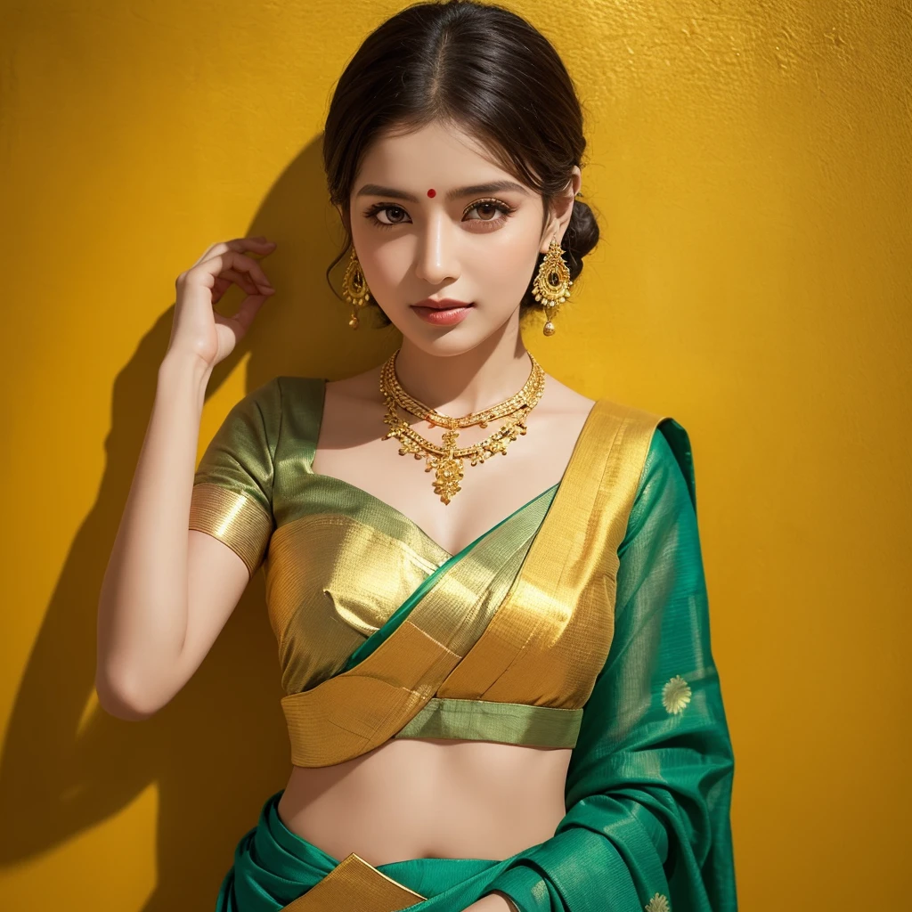 (concept image) woman in a beautiful (green sari), elegant (green blouse), adorned with (gold jewelry) shimmering around her neck and chest, standing gracefully in front of a vibrant (yellow wall). The atmosphere is warm, highlighting rich textures and colors, capturing cultural elegance, 4K resolution, ultra-detailed, soft focus reminiscent of f/3.2 photography style.
