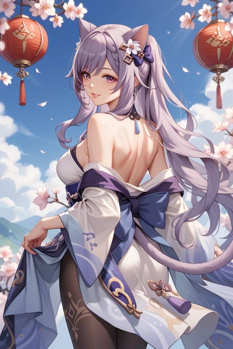  Imagine Genshin Impact's Ke Qing as a cat maiden , 's back, decorated with smooth black tights , bright purple cat ears and a majestic cat tail.  She stands majestically against the serene misty mountains ,  where sakura flowers dance in the gentle breeze .  Her loose traditional Chinese kimono flows elegantly around her,  and her hands are quietly hidden behind ,  hands are completely out of sight, Use LoRa , redraw your lips ,  make a little smile