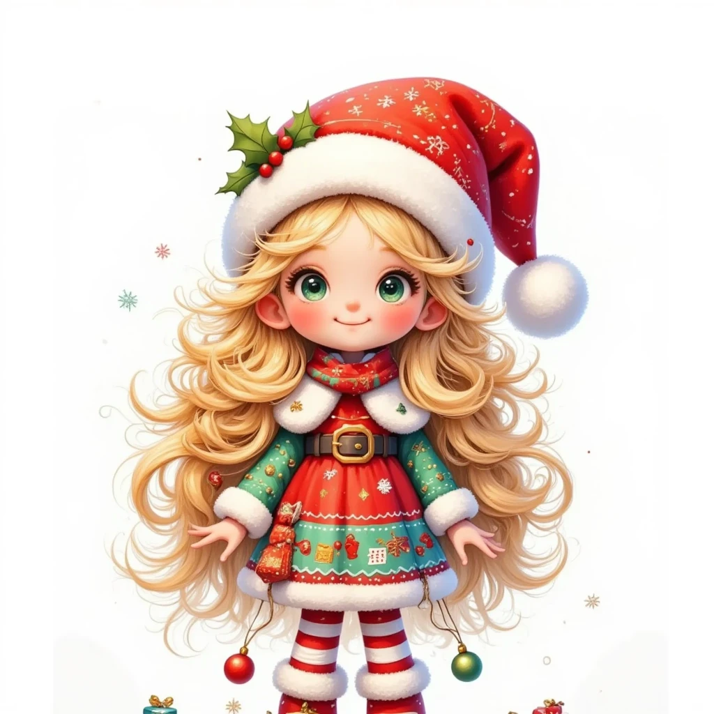  model figure。3D dolls。3D Rendering。Cute cartoon girl standing on the table。 big green eyes 。Dark eyeshadow。Freckles。 has very long long blond hair。With a Christmas hat。Holding an apple in his hand。Wear a dress with Christmas elements。green booties。whole body。Exaggerated body proportions。