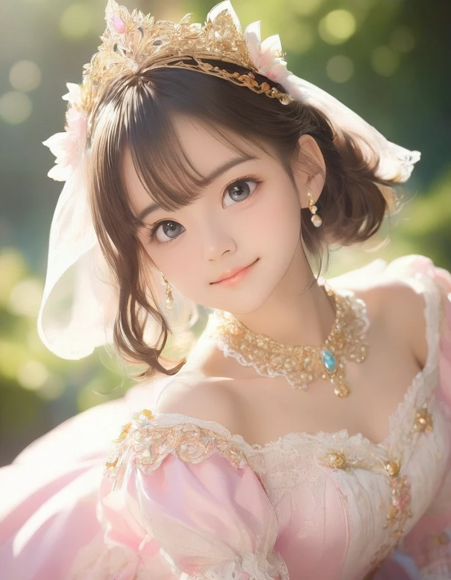 master piece , best quality , woman , tiara , blouse , smile , indoor
