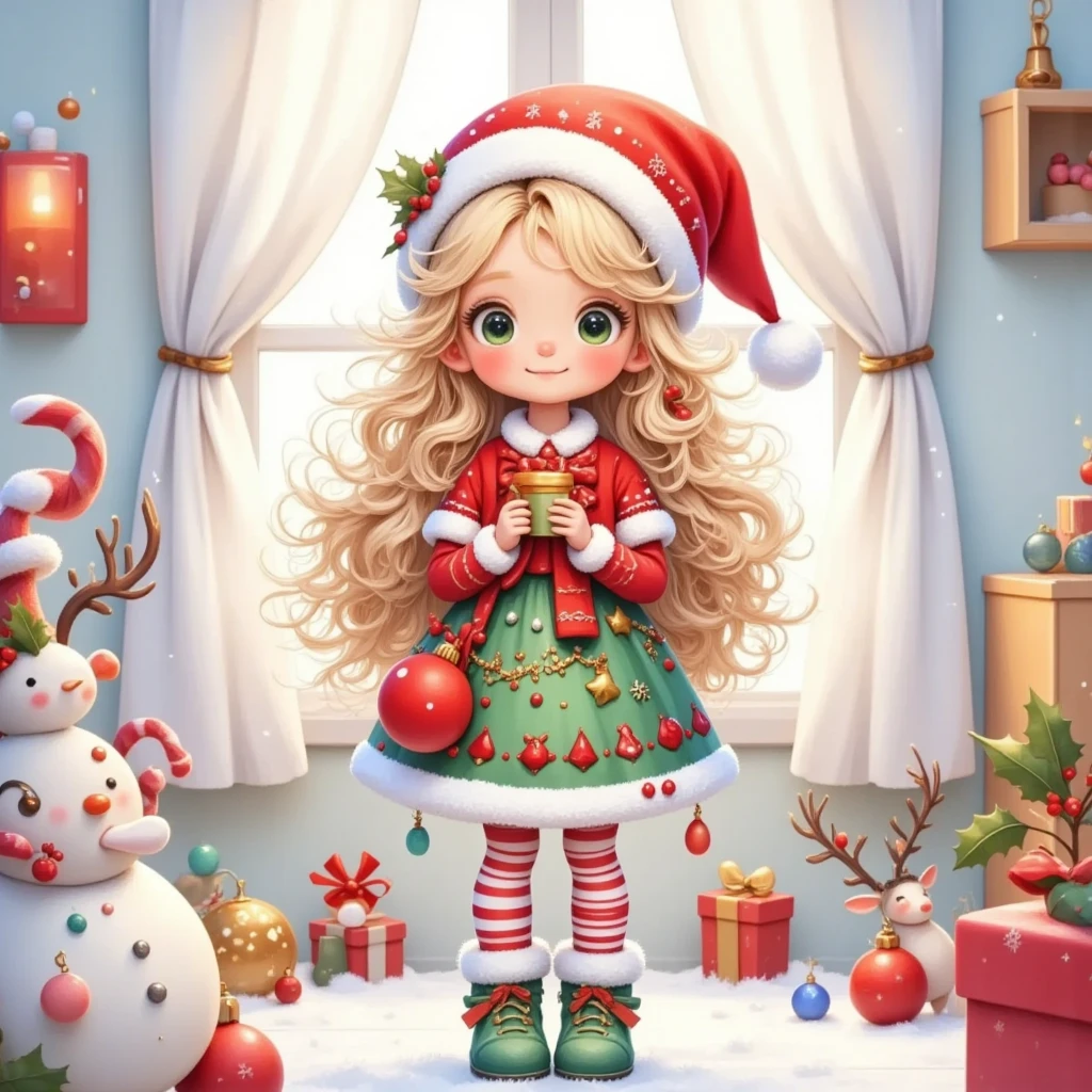  model figure。3D dolls。3D Rendering。Cute cartoon girl standing on the table。 big green eyes 。Dark eyeshadow。Freckles。 has very long long blond hair。With a Christmas hat。Holding an apple in his hand。Wear a dress with Christmas elements。green booties。whole body:1.37。Exaggerated body proportions。