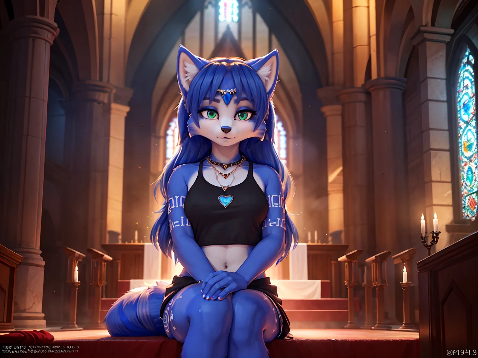 a picture of ((krystal)), Star Fox krystal, lovable, green eyes, medium breasts, (((Long blue hair 1.3))), Decollete, anthro, furry, Uploaded E621, detailed fluffys fell, (von Fluff-Kevlar, Bayard Wu, Pino Daeni), detailed face, (fluffy), 1 girl, alone, sweet girl,  attracted, (((black coat))), (((black jeans:1.3))), (((chemise:1.3))) , detailed fur, (Kirchenruine, destroyed church, abandoned church), detailed light, Night color palette, Night pastel soft light, candles, 
