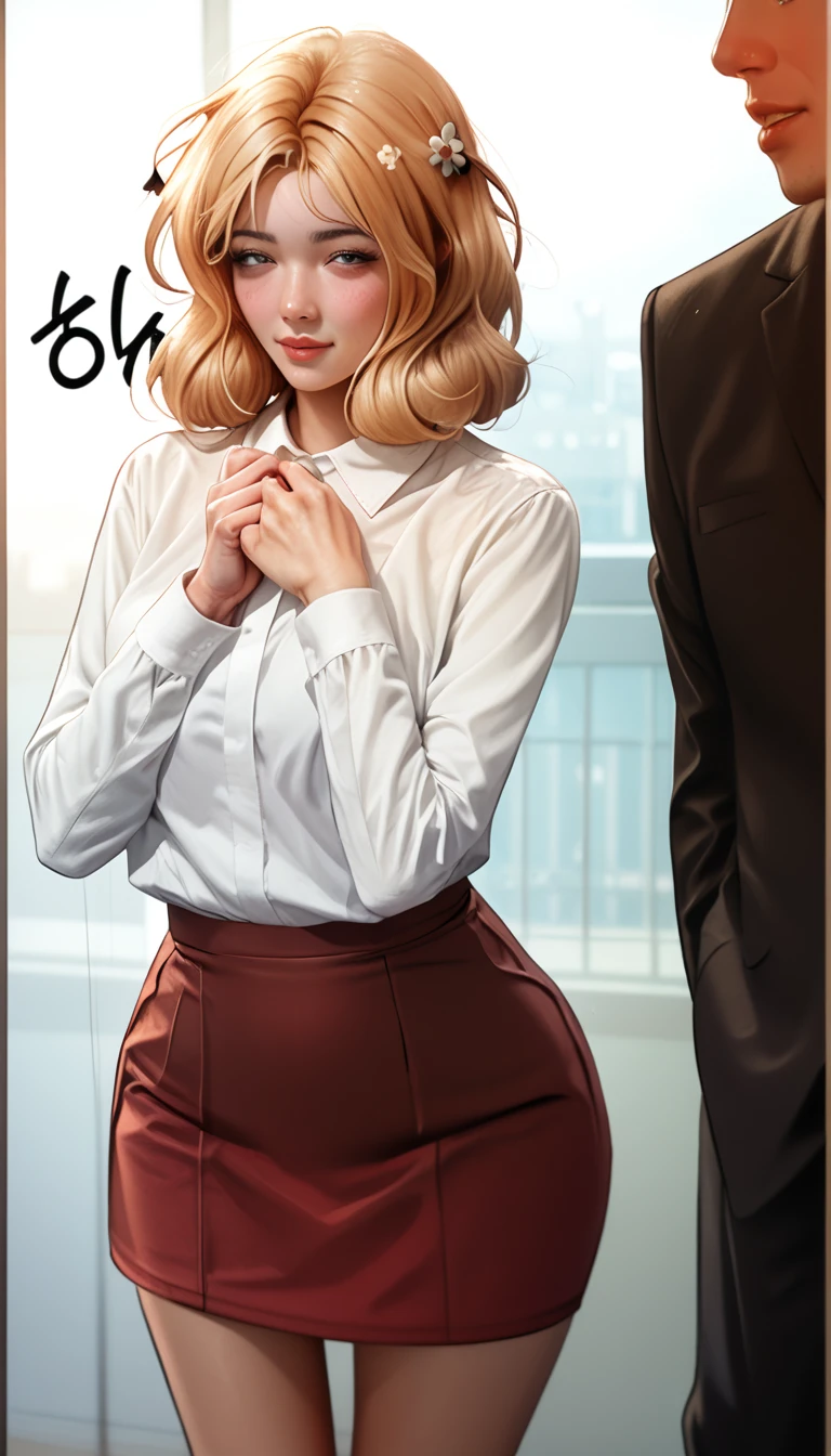 Korean girl in a skirt and a man in a suit, touching her clothes, (sfw) safe for work, anya from spy x family, realistic schoolgirl, gwen stacy, she has blond hair, a hyperrealistic schoolgirl, she has a distant expression, seductive anime girl, hands behind her body pose!, hugging her knees, manhwa, shoujo manga