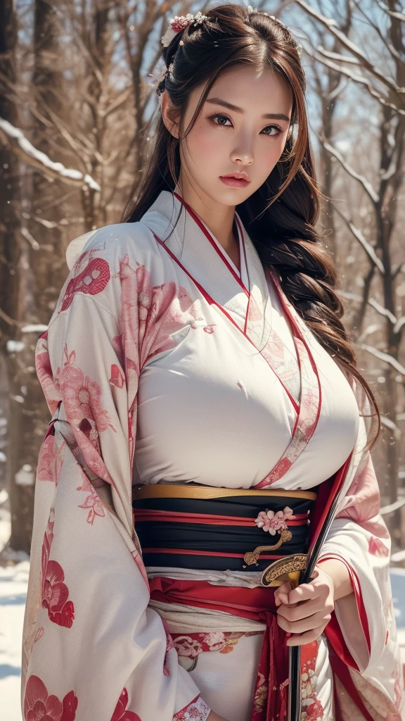 ((1 female)), ((16k)),  mature woman, ((( slim waist )))、(((Beautiful Japanese Model))),(((Maid)))、  braids 、((( plump )))、Elegant Armor, 30-year-old woman,((( Japanese Kimono)))、(((Long-sleeved kimono)))、 colorful kimono、 red and white kimono 、((( long hair on background)))、(((Blonde)))、 blondes、(( RAW photos )), ((masterpiece)),  upper body，(((Big Breasts)))、 ((( super huge boobs))), (( tight waist ))、(((Woman holding a sword)))、((Japanese Swordsman))、 let go of her lips， makes lips look more attractive and gorgeous， complex details, A complex Greebles piece, masterpiece， BEST QUALITY AT ITS BEST， high definition ，8k，((Portraiture))，( upper body)， original photos， actual photo ， Digital Photo , Fine eyes and lips、(Beautiful big pointy breasts, )((masterpiece)),  high definition , ( skin texture:1.1),  top quality, 超 high definition , ( realistic : 1.4),  RAW photos ,(( perfect face))、(((Intricately patterned armor)))， Rendering Reflection Texture,  sexy style, ((Outdoor))、 (((Winter Background:1.2))),((background snowy landscape ))、(((background Japanese New Year)))、 Bold Poses、 (Ancient fantasy soldiers),(Ancient soldier armor), combat accessories ,(( eyeshadow))、 detailed hands 、Woman facing forward