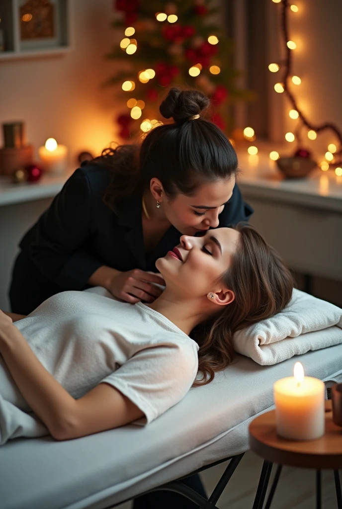 a beautiful Indonesian woman wearing a hijab, slim, 32 years old wearing a robe with buttons open, bra visible, is massaging a  boy on a bed, in a room with wooden plank walls, at night