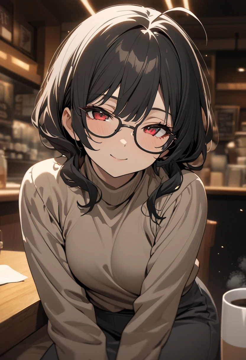 (high-quality, breathtaking),(expressive eyes, perfect face) 1girl, female, solo, mature, half open eyes, Alicization, Symmetrical Eyes, gentle smile, Short hair, SAO inspired, maomao, cowboy shot, medium full shot, short black hair, bangs, alluring red eyes, black white and gray palette, gray clothes, hair between eyes, fluffy wavy hair, half open eyes, small Ahoge, black hair color,  looking towards viewer, HD, High quality image, dusty particles floating around, 80 years old, 90yo, old woman, Black-rimmed glasses, Brown sweater, Older people have a leaning forward posture, sitting in a coffee shop, Calm expression, Morning Set, (wispy gray strands of hair)