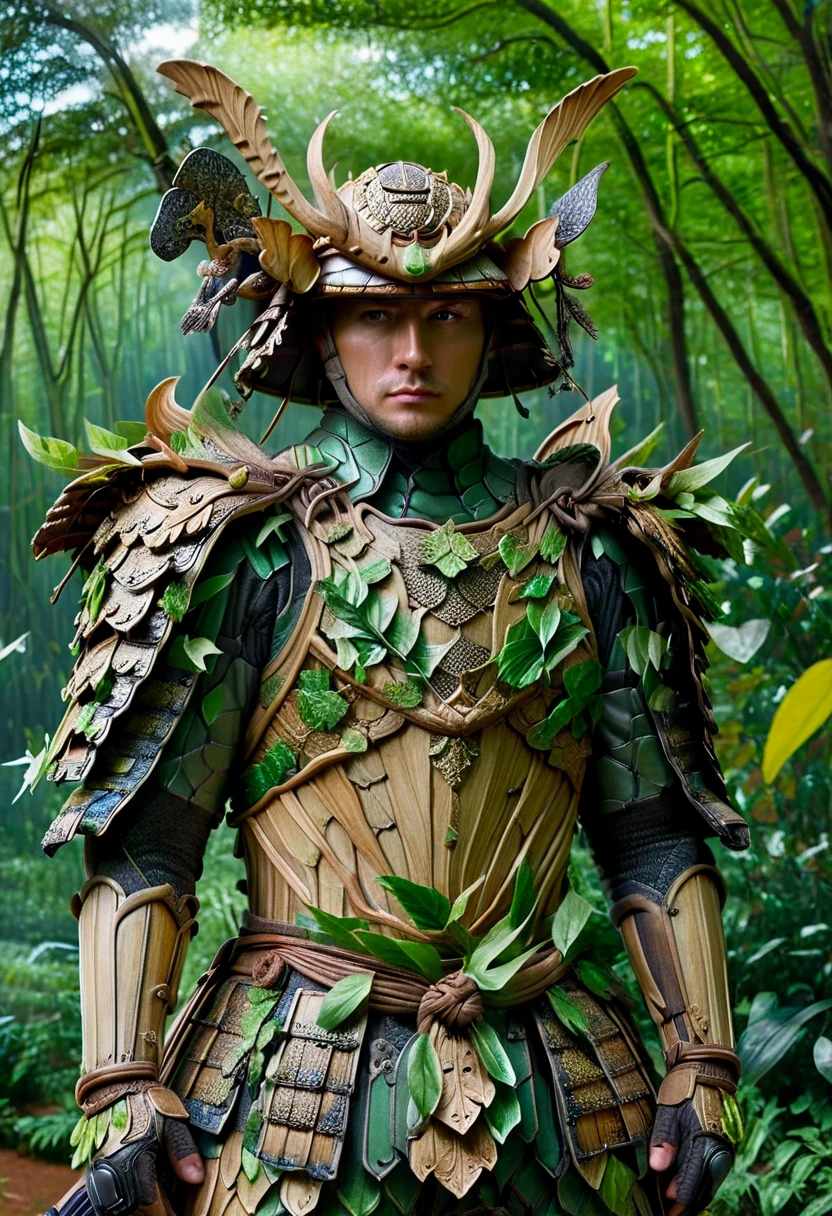 one white man, blonde hair, whole body head to feet, looking at viewer, stands upright, hands down, Samurai Armor and helmet,Armor and helmet are made of green moth and leaves,Armor color all green with made of green leaves,no metal,shiny armor, deep forest background,8K, realism