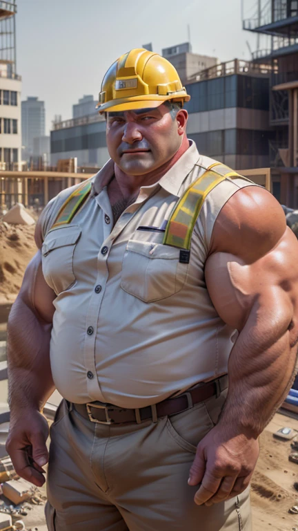  fat middle-aged men who commit crimes until morning。 huge muscles。yellow helmet for construction。White shirt。brown chinos 。 Work Site。Precise depiction。 highest resolution。Maximum number of pixels。 Best Picture Quality 。 hyperreal。Photorealistic。