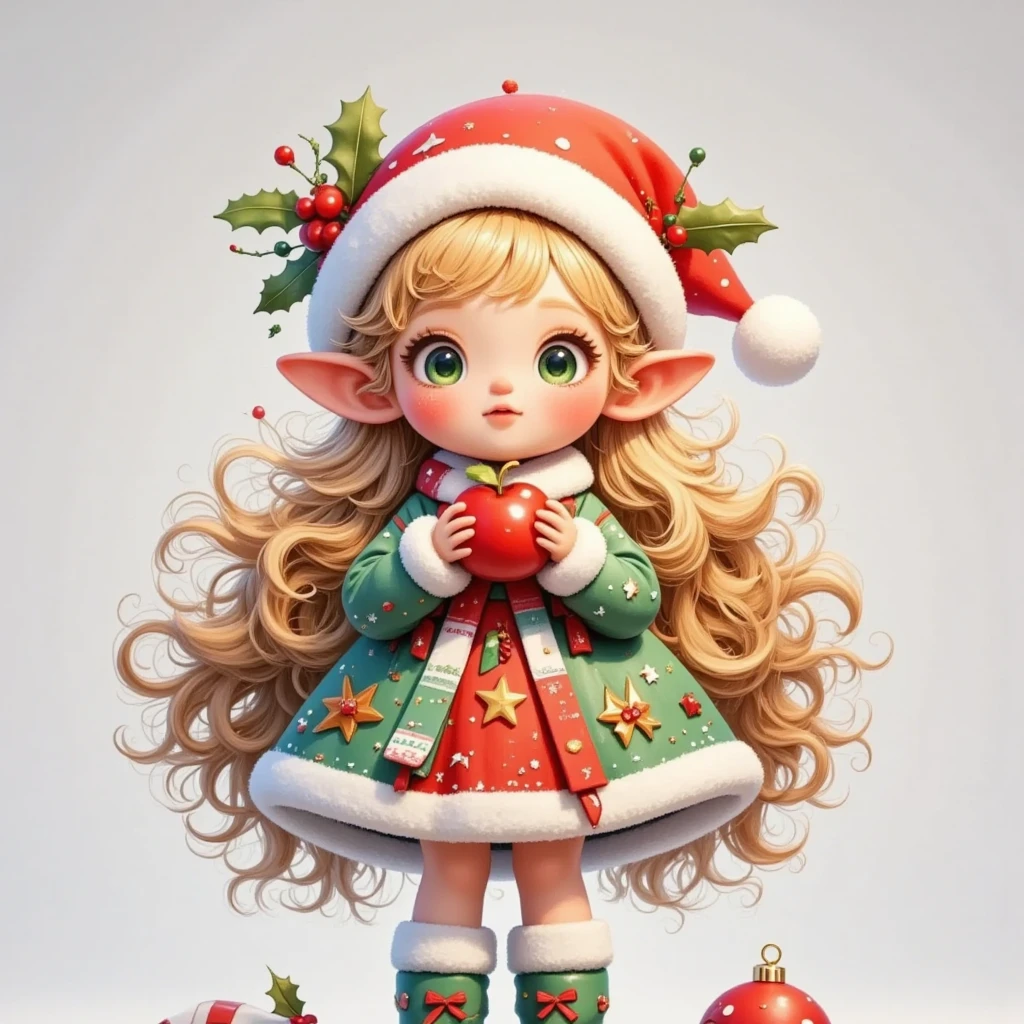 a cute anime girl wearing a christmas hat, holding an apple, with long golden hair, green eyes, dark eye shadow, freckles, wearing a dress with christmas elements, green ankle boots, highly detailed, 3D render, hyperrealistic, 1.37 scale, exaggerated body proportions, studio lighting, bokeh, masterpiece