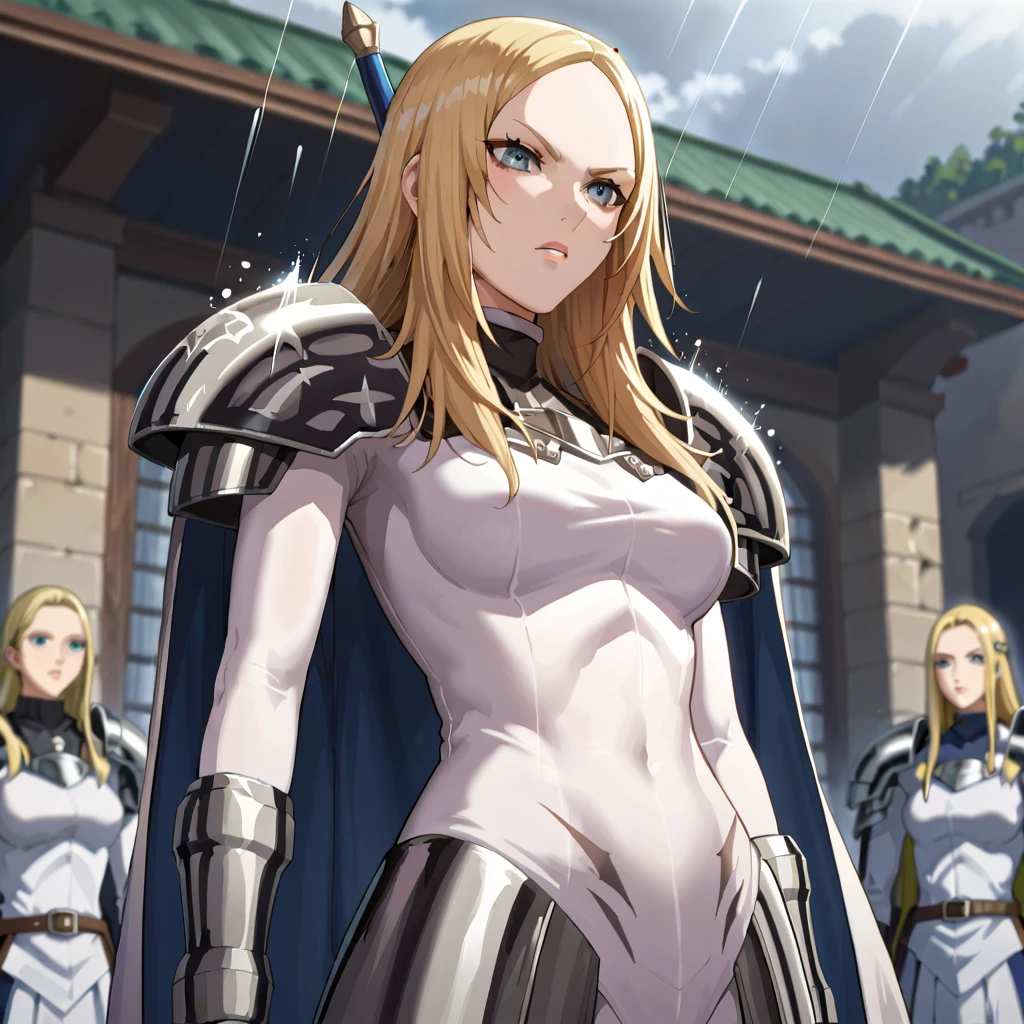 the 'Phantom Miria.' She has shoulder-length blonde hair and a stern, determined expression. She wears sleek, form-fitting silver armor with golden accents, including shoulder plates and a cape that billows slightly in the wind. In her hand, she holds a large, uniquely shaped broadsword with glowing golden edges, symbolizing her strength and precision. She stands confidently in a rain-soaked battlefield, with water pooling around her feet and raindrops falling dramatically. The background is dark and stormy, with jagged cliffs and faint flashes of lightning illuminating her figure. Her aura radiates with faint phantom-like afterimages, evoking her incredible speed and tactical prowess. The mood is intense and commanding, reflecting her role as a leader and skilled warrior, miria, long hair, grey eyes, bodysuit, pauldrons, cape