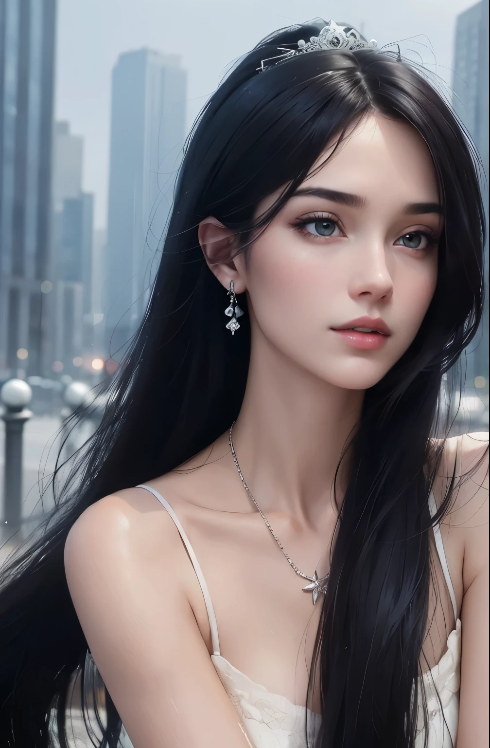 ((addielyn, wearing glass, black hair)), Random posture, (An extremely delicate and beautiful work), (masterpiece), 1girl, Not wearing a shirt, tiara, highly detailed, ponytail contorted, charming expression, beautiful and clear eyes, green eye pupil, delicate necklace, delicate earrings, simple blurred background, extreme detail description, beautiful, charming, ultra-fine painting, delicate face, delicate figure, Fine collarbones, lovely lips, soft behind, mix4,(8k, RAW photo, best quality, masterpiece:1.2), (realistic, photo-realistic:1.37),1girl,cute,cityscape, night, rain, wet, professional lighting, photon mapping, radiosity, physically-based rendering, above waist,