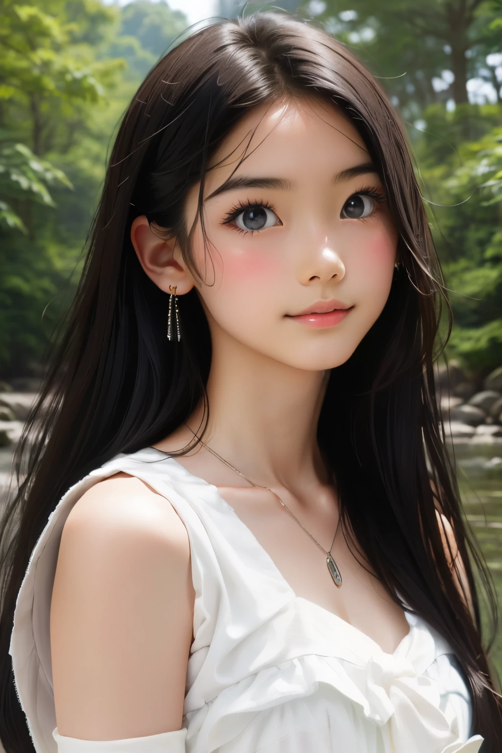 cinematic photo 1girl,brown eyes,(black long straight hair:1.2),(upper body:1.5),looking at viewer,8k uhd,dslr,soft lighting,high quality,film overlay,film grain,Fujifilm XT3,outdoors,photorealistic,realistic,solo,upper body,richly defined face,dewy skin,products shot,(high detailed skin:1.2),detailed face and eyes,natural skin texture,highly detailed skin,textured skin,skin pores,imperfect skin,visible skin detail,detailed skin texture,dynamic pose,windy,young beauty,(transparent dress:1.2),earrings,hairpin,necklace,architecture,east asian,riverside,forest,outdoors,sun light,