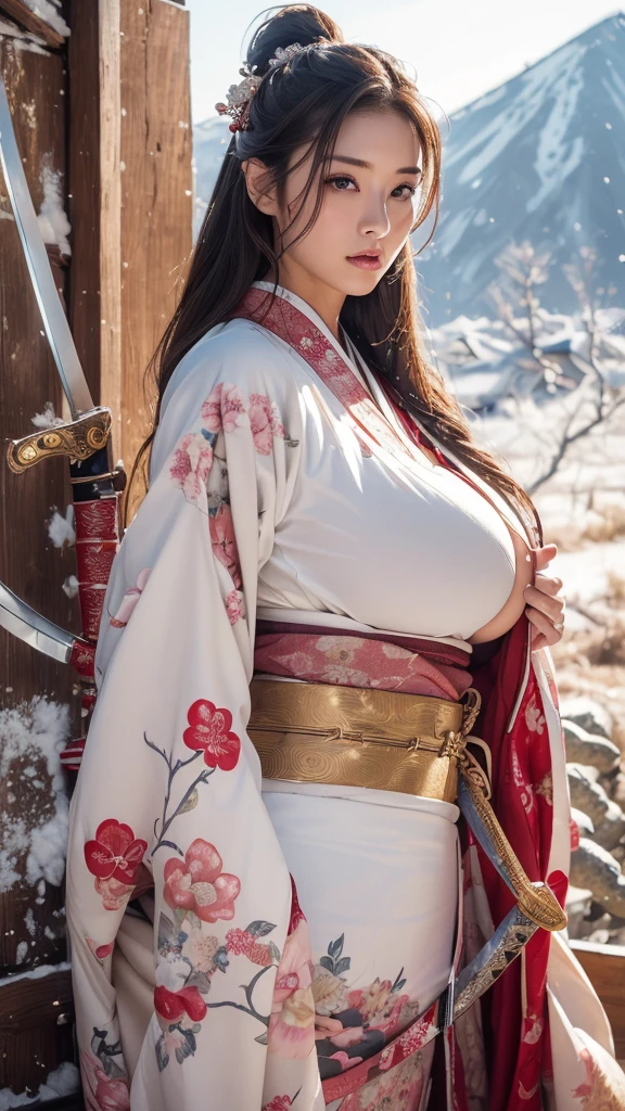 ((1 female)), ((16k)),  mature woman, ((( slim waist )))、(((Beautiful Japanese Model))),(((Maid)))、  braids 、((( plump )))、Elegant Armor, 30-year-old woman,((( Japanese Kimono)))、(((Long-sleeved kimono)))、 colorful kimono、 red and white kimono 、((( long hair on background)))、(((Blonde)))、 blondes、(( RAW photos )), ((masterpiece)),  upper body，(((Big Breasts)))、 ((( super huge boobs))), (( tight waist ))、(((Woman holding a sword)))、((Japanese Swordsman))、 let go of her lips， makes lips look more attractive and gorgeous， complex details, A complex Greebles piece, masterpiece， BEST QUALITY AT ITS BEST， high definition ，8k，((Portraiture))，( upper body)， original photos， actual photo ， Digital Photo , Fine eyes and lips、(Beautiful big pointy breasts, )((masterpiece)),  high definition , ( skin texture:1.1),  top quality, 超 high definition , ( realistic : 1.4),  RAW photos ,(( perfect face))、(((Intricately patterned armor)))， Rendering Reflection Texture,  sexy style, ((Outdoor))、 (((Winter Background:1.2))),((background snowy landscape ))、(((background Japanese New Year)))、 Bold Poses、 (Ancient fantasy soldiers),(Ancient soldier armor), combat accessories ,(( eyeshadow))、 detailed hands 、Woman facing forward