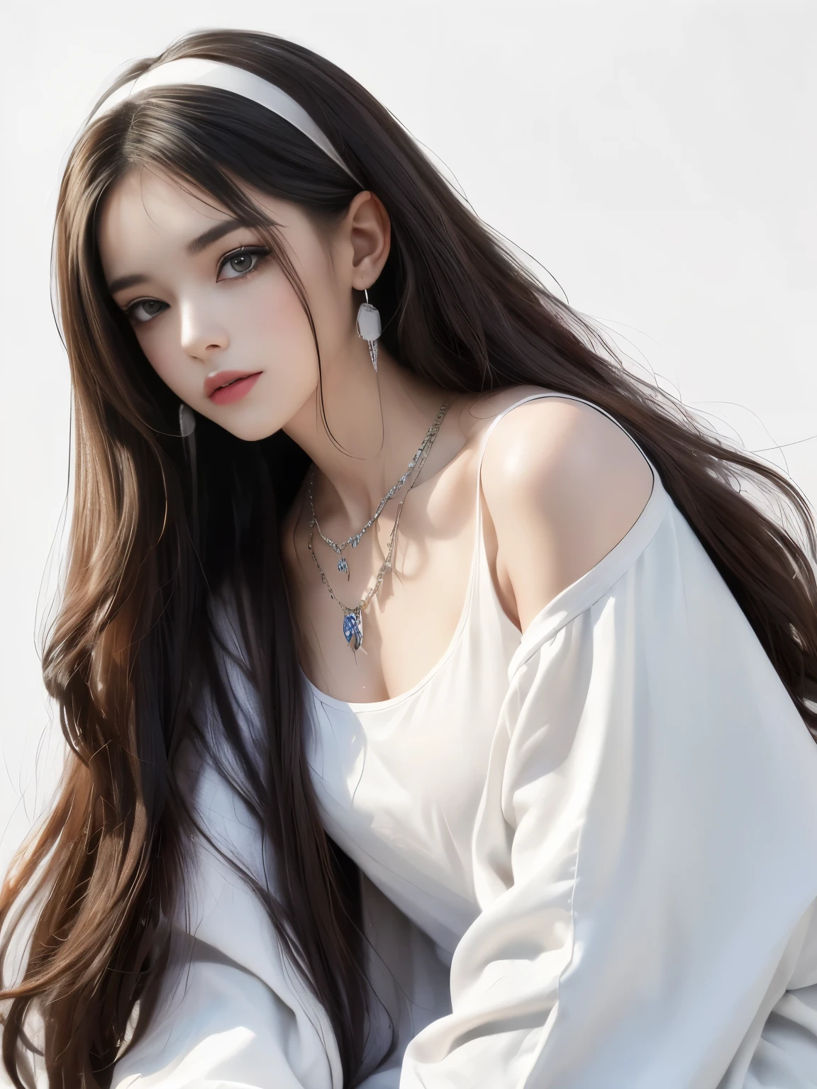 (8K, highest quality, High resolution, masterpiece :1.3), (White Background), stylish, High sense, fashion, The outline is long and narrow, Eyes are long and narrow, Wavy long hair, hair band, Oversized clothing, Baggy clothes, Upper Body, necklace, Earrings, graphic design, Strike a Pose,No sleeve