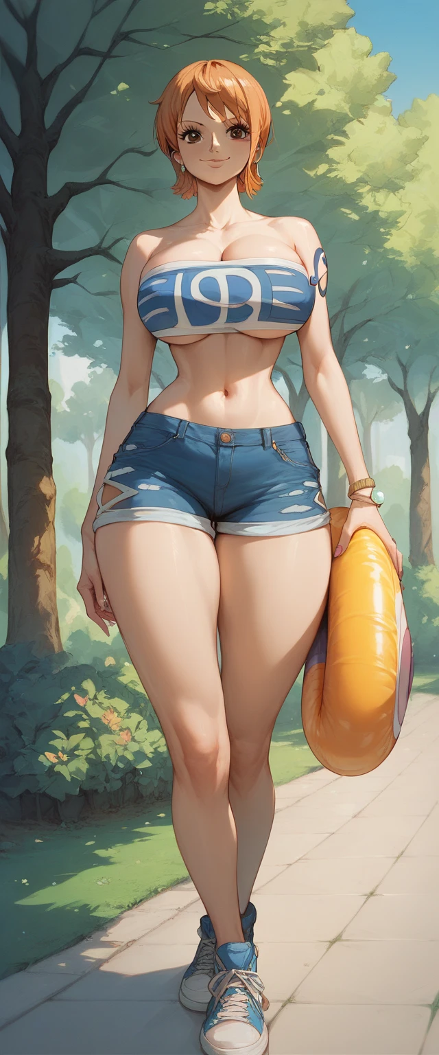 Nami one piece,light brown hair, detail brown eyes, innocent face, round eyes, huge breast, thick thigh, hourglass figure, erotic tube top, erotic ultra mini denim hotpants,  sneakers, stocking, stylish, park, clear view,navel