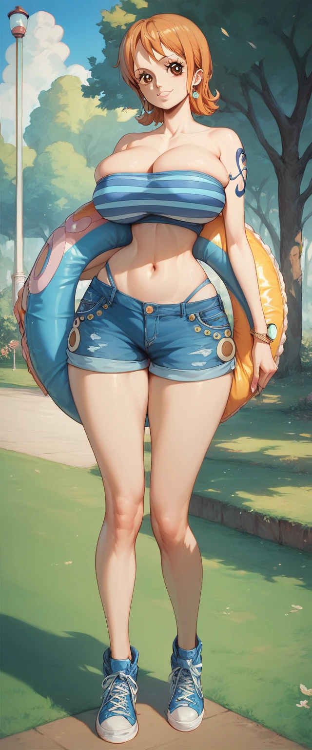 Nami one piece,light brown hair, detail brown eyes, innocent face, round eyes, huge breast, thick thigh, hourglass figure, erotic tube top, erotic ultra mini denim hotpants,  sneakers, stocking, stylish, park, clear view,navel