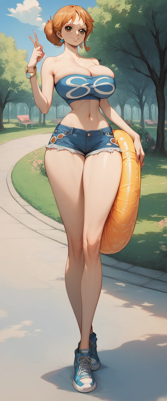 Nami one piece,light brown hair, detail brown eyes, innocent face, round eyes, huge breast, thick thigh, hourglass figure, erotic tube top, erotic ultra mini denim hotpants,  sneakers, stocking, stylish, park, clear view,navel