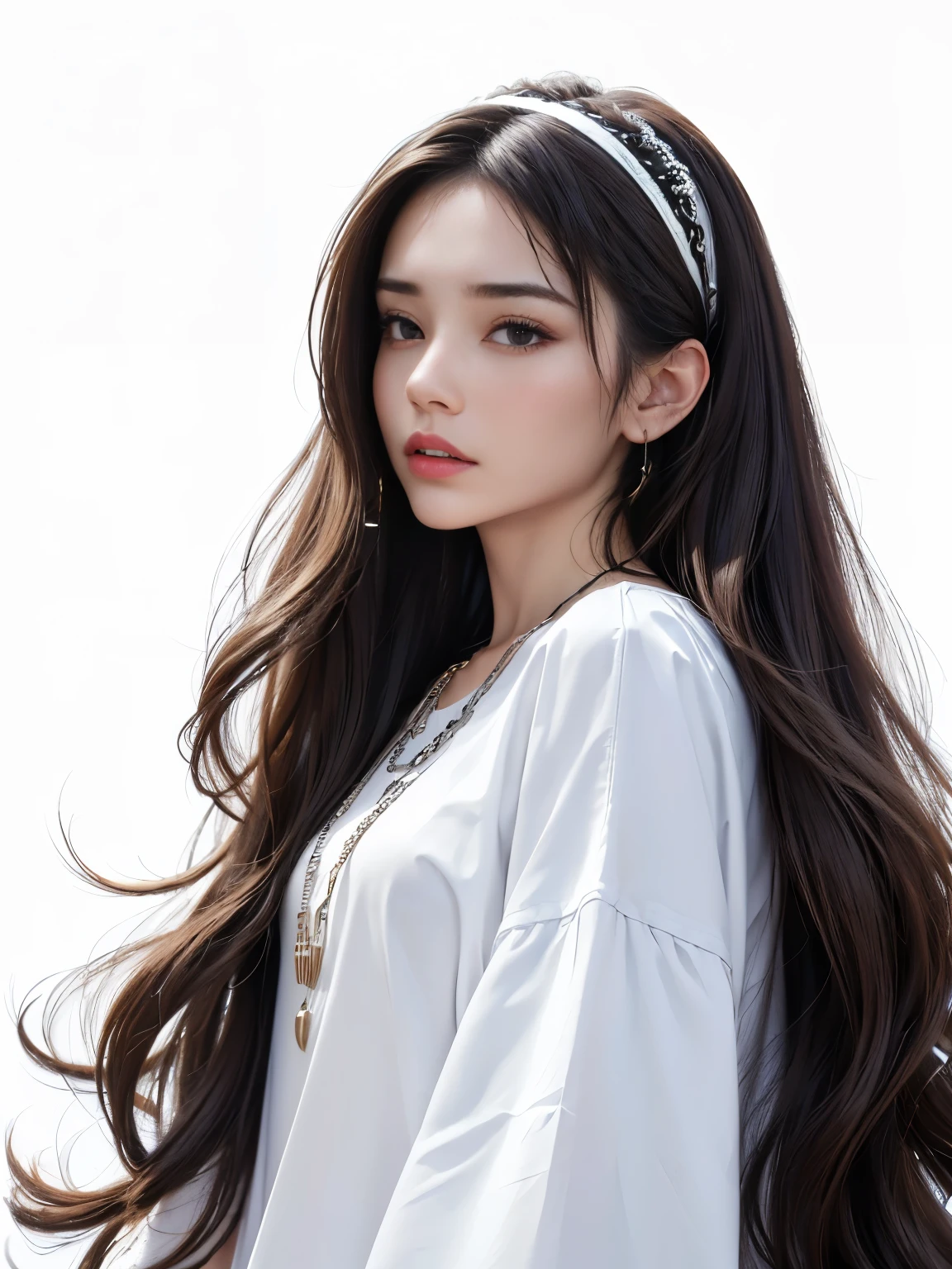 (8K, highest quality, High resolution, masterpiece :1.3), (White Background), stylish, High sense, fashion, The contour is the length of the surface, Eyes are long and narrow, Wavy long hair, hair band, Oversized clothing, Baggy clothes, necklace, Earrings, Upper Body, graphic design, Strike a Pose, 