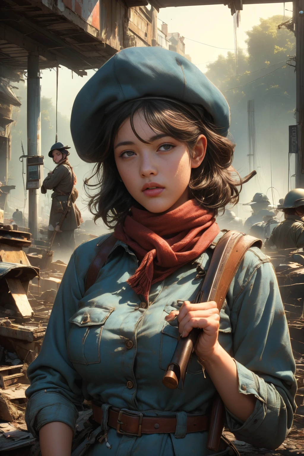 ((masterpiece, highest quality, Highest image quality, High resolution, photorealistic, Raw photo, Extremely detailed CG unified 8k wallpaper)), (jaw-dropping beauty, perfect proportions, gigantic breasts), (a lot of freckles on face), (a sexy young woman dressed as a militia, a resistance outfit, an old, thin shirt), (Various stickers and marks on the uniform), (revealing_clothes), (a beret, Scarf), (Skin is shiny with sweat, dirt and stains on the face), (holding an old-fashioned rifle in her's hand), (a calm expression with a slight smile), (a World War II-era European country village), Sophie Marceau