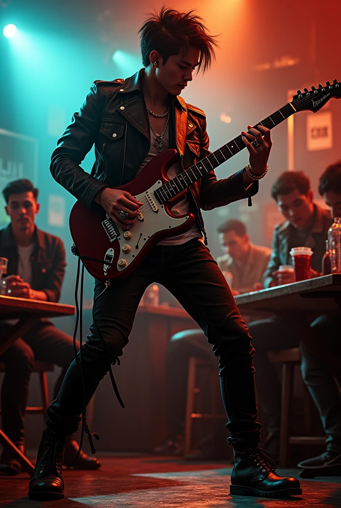 Asian Rocker Context in the bar playing guitar - SeaArt AI