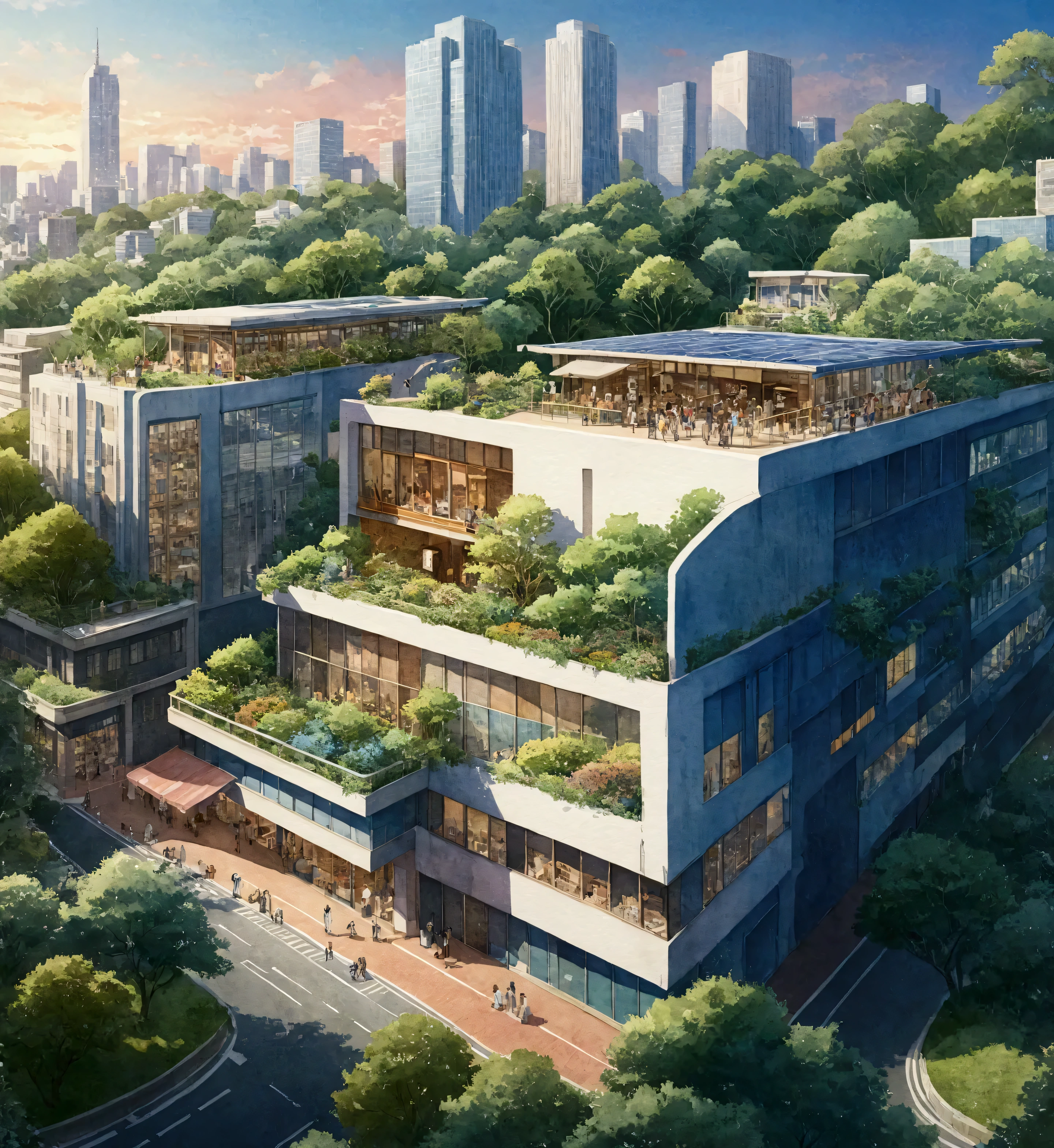 anime city with a lot of buildings and trees on the top, by Jang Seung-eop, by Ni Yuanlu, anime scenery concept art, realistic painting of a complex, by jeonseok lee, hq very detailed, detailed 4k concept art, artstation hq”, japanese high school, tokyo anime scene, concept art highly detailed, urban concept art, watercolor, illustration,