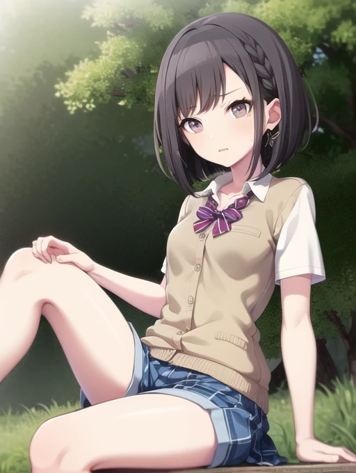  1 girl , forest, a little,  bob cut, medium hair, Side Blades ,  asymmetrical bangs that grab the chest, side lock,   school uniform,  BLUE PLAID SKIRT,   purple shorts ,  sex,下半身outcrop，outcrop，  loafers,  medium breasts,  sitting, Sit on a desk,  watching viewers,