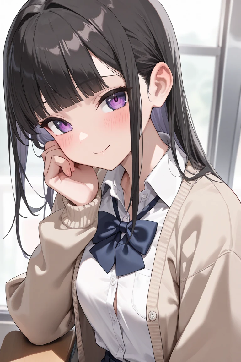 (NSFW:1.3)、perfect hand drawn、 (angle from above:1.2)、beautiful body line、1 beauty, (light purple eyeshadow), (thick neck:1.4)、(broad shoulders:1.4)、(face becomes smaller)、(pointed chest:1.6)、model body shape、(Medium chest:1.4)、17 years old、clear eyes、big moist eyes、impatience and shy smile:1.2、((school uniform:1.2))、Shirt and knee-length skirt、(face focus:1.4)、messy long hair、evening、very detailed, detailed background, cinematic lighting, Bra visible through unbuttoned shirt:1.5,