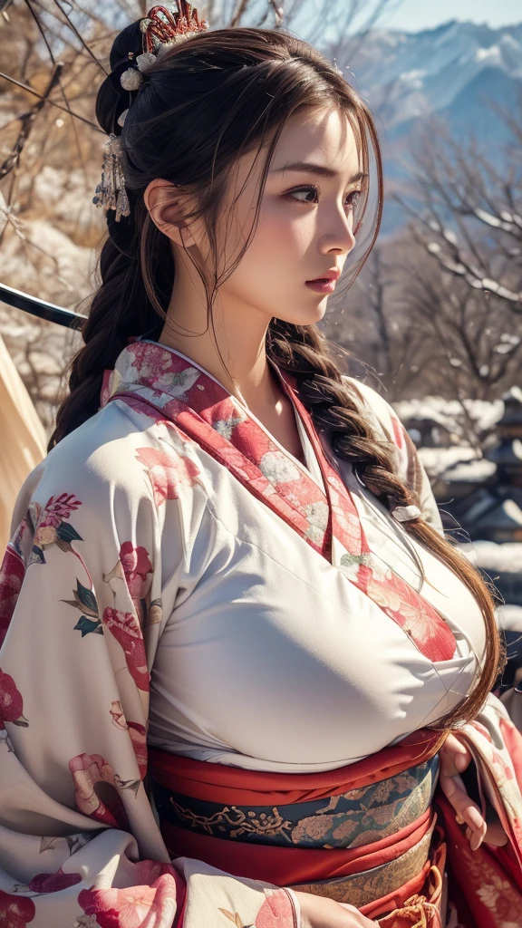 ((1 female)), ((16k)),  mature woman, ((( slim waist )))、(((Beautiful Japanese Model))),(((Maid)))、  braids 、((( plump )))、Elegant Armor, 30-year-old woman,((( Japanese Kimono)))、(((Long-sleeved kimono)))、 colorful kimono、 red and white kimono 、((( long hair on background)))、(((Blonde)))、 blondes、(( RAW photos )), ((masterpiece)),  upper body，(((Big Breasts)))、 ((( super huge boobs))), (( tight waist ))、(((Woman holding a sword)))、((Japanese Swordsman))、 let go of her lips， makes lips look more attractive and gorgeous， complex details, A complex Greebles piece, masterpiece， BEST QUALITY AT ITS BEST， high definition ，8k，((Portraiture))，( upper body)， original photos， actual photo ， Digital Photo , Fine eyes and lips、(Beautiful big pointy breasts, )((masterpiece)),  high definition , ( skin texture:1.1),  top quality, 超 high definition , ( realistic : 1.4),  RAW photos ,(( perfect face))、(((Intricately patterned armor)))， Rendering Reflection Texture,  sexy style, ((Outdoor))、 (((Winter Background:1.2))),((background snowy landscape ))、(((background Japanese New Year)))、 Bold Poses、 (Ancient fantasy soldiers),(Ancient soldier armor), combat accessories ,(( eyeshadow))、 detailed hands 、Woman facing forward